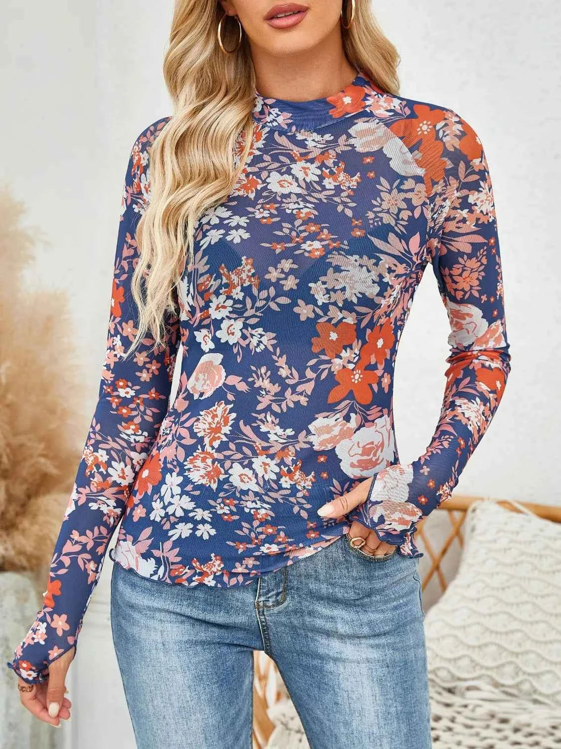 Floral Mock Neck Top - Long Sleeve Style - Nico`s Store