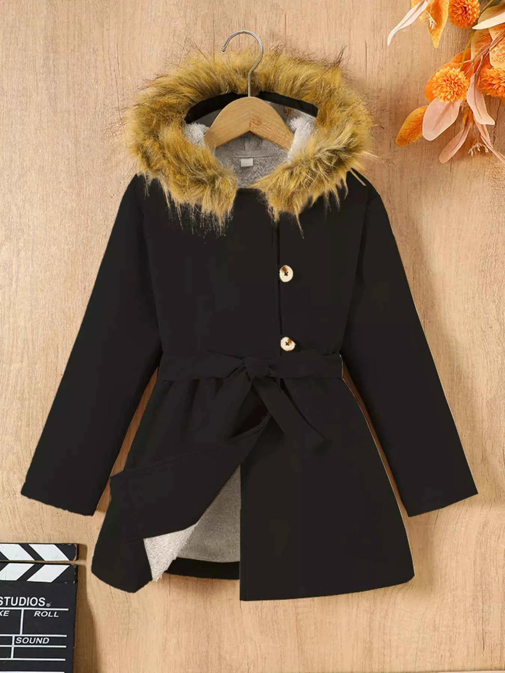 Children's Faux Fur Outerwear with Hood and Tie Waist for Stylish Comfort - Nico`s Store