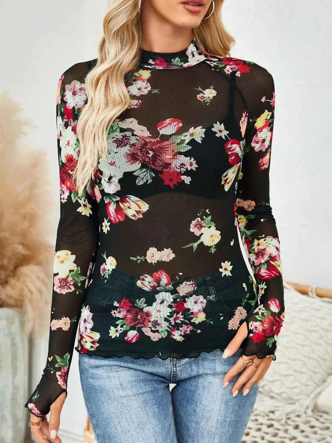 Floral Mock Neck Top - Long Sleeve Style - Nico`s Store
