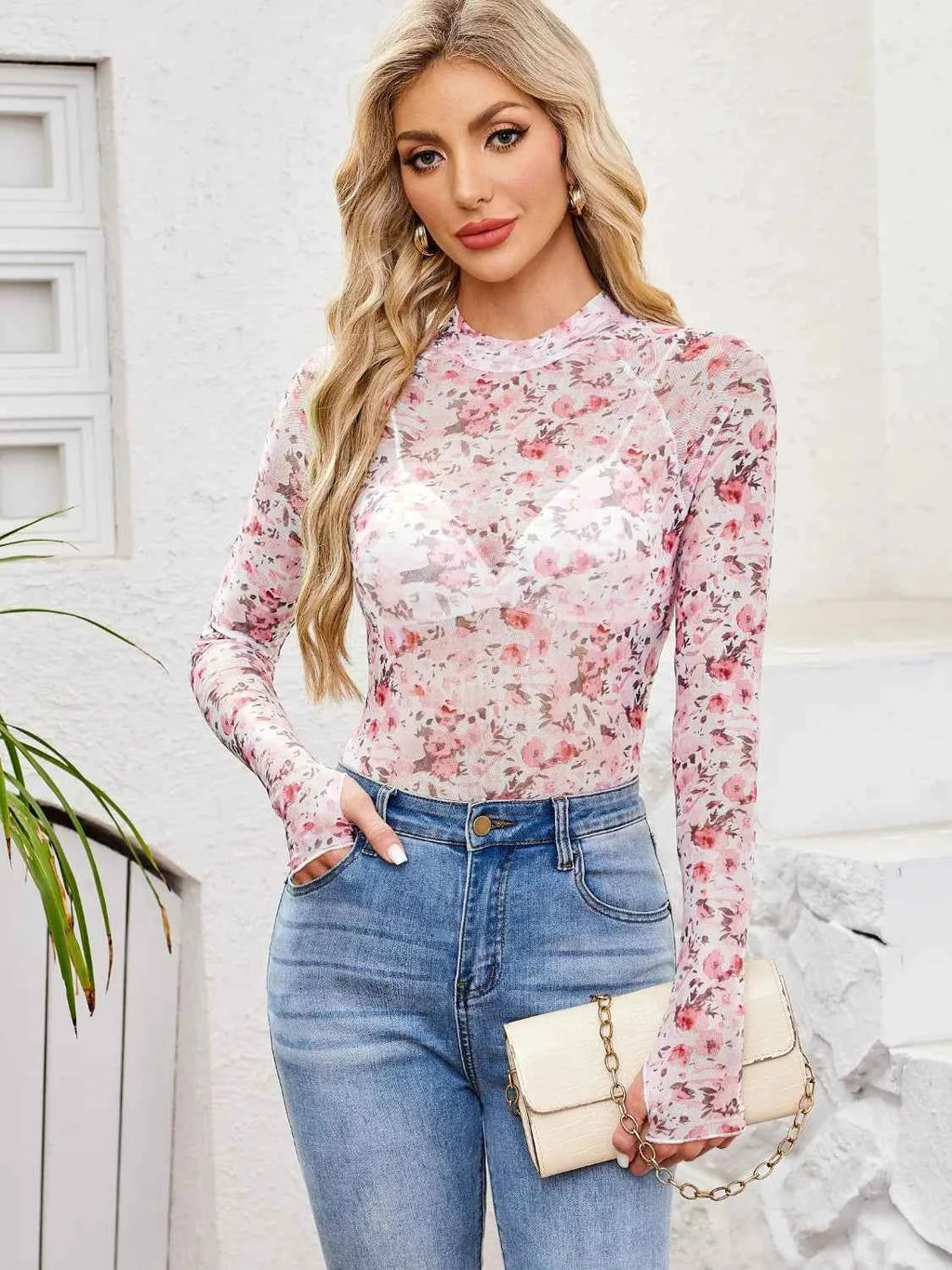 Floral Mock Neck Top - Long Sleeve Style - Nico`s Store