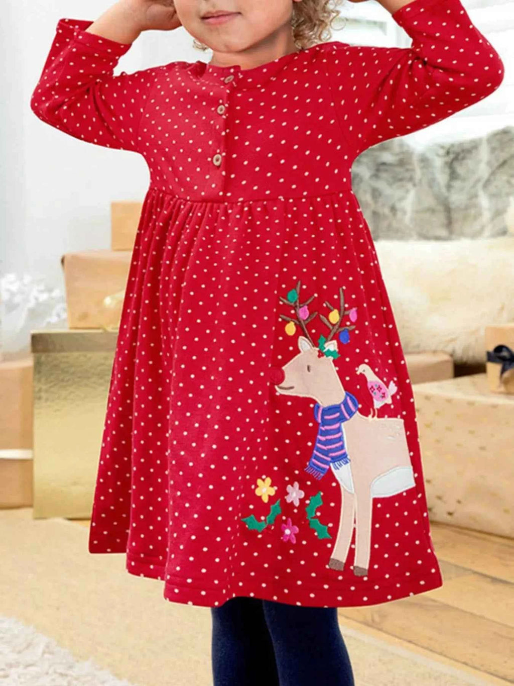 Children's Reindeer Polka Dot Dress for Kids with Button Detail - Nico`s Store