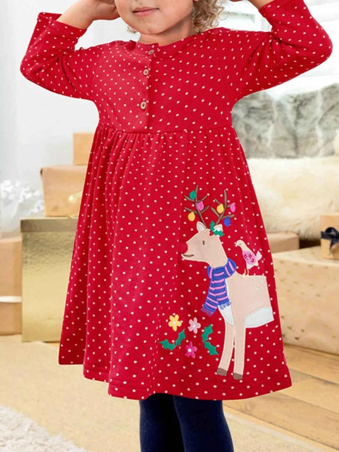 Children's Reindeer Polka Dot Dress for Kids with Button Detail - Nico`s Store