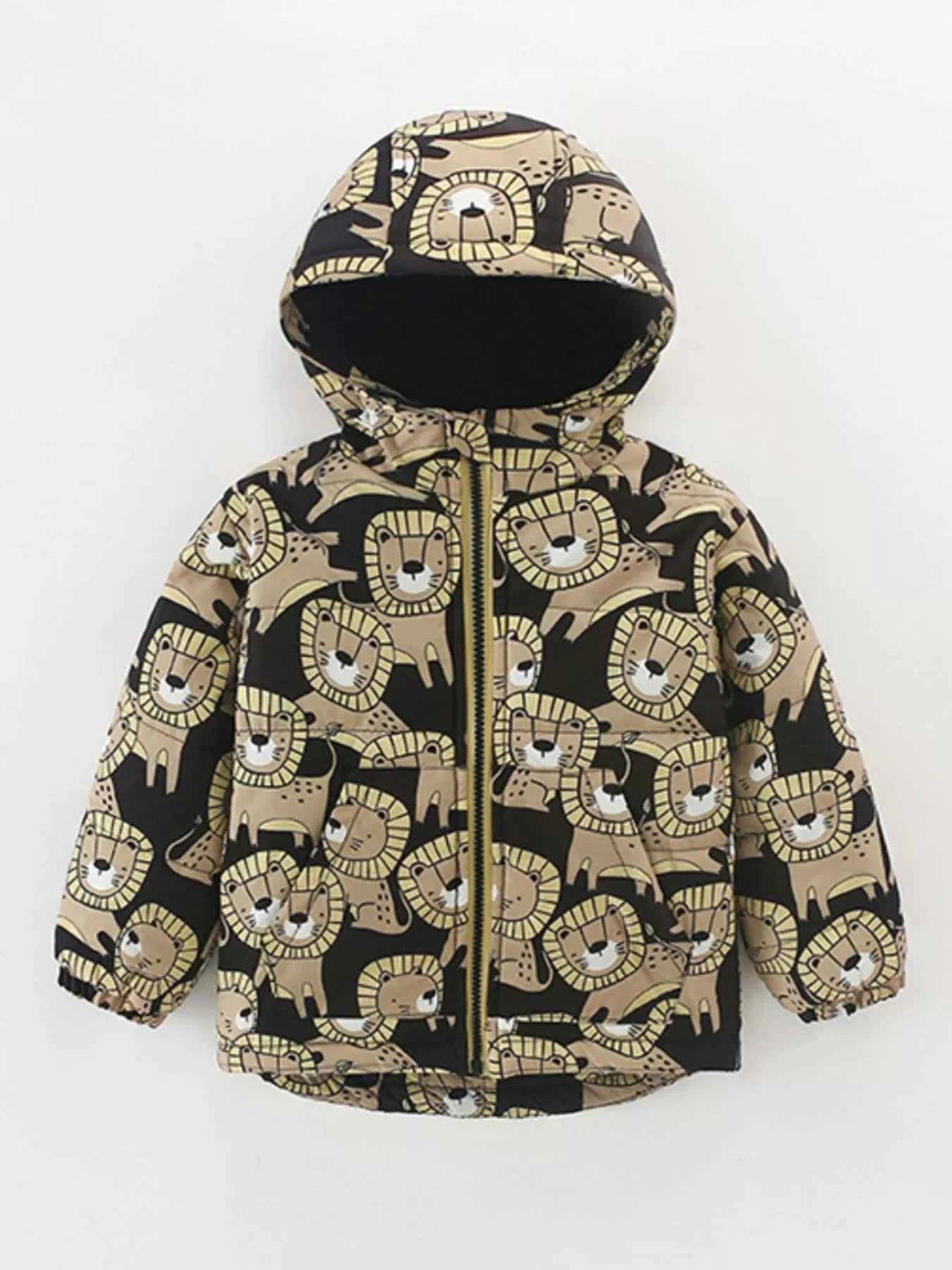 Children's Lion Print Jacket - Warm Padded Hooded Jacket for Kids