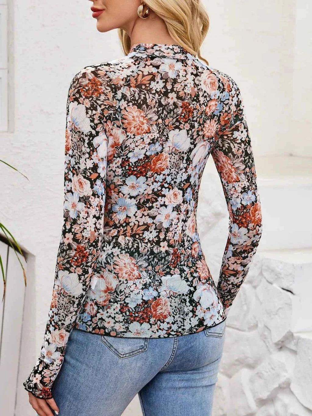 Floral Mock Neck Top - Long Sleeve Style - Nico`s Store