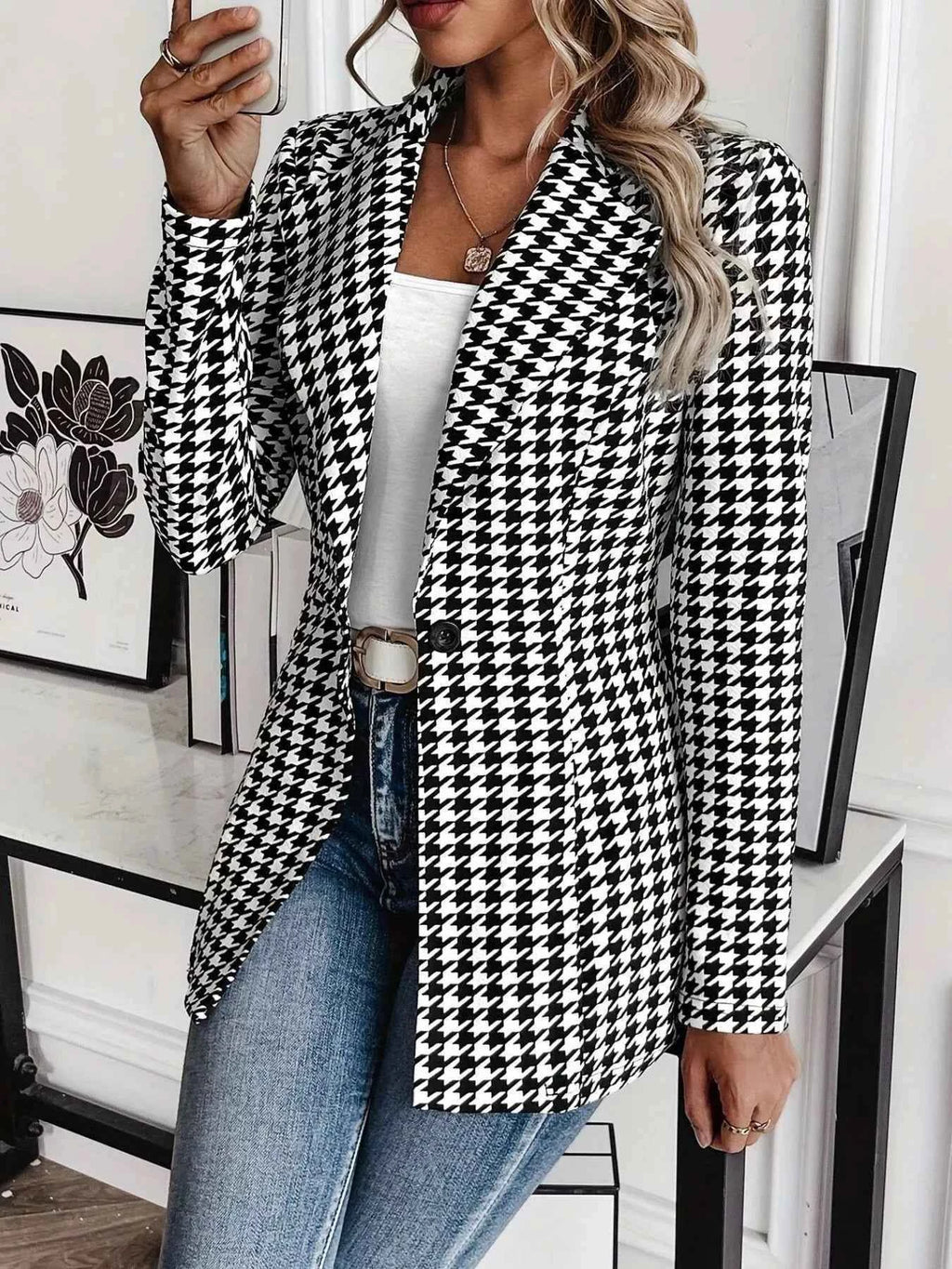 Houndstooth Print Blazer with Stylish Lapel Collar - Nico`s Store