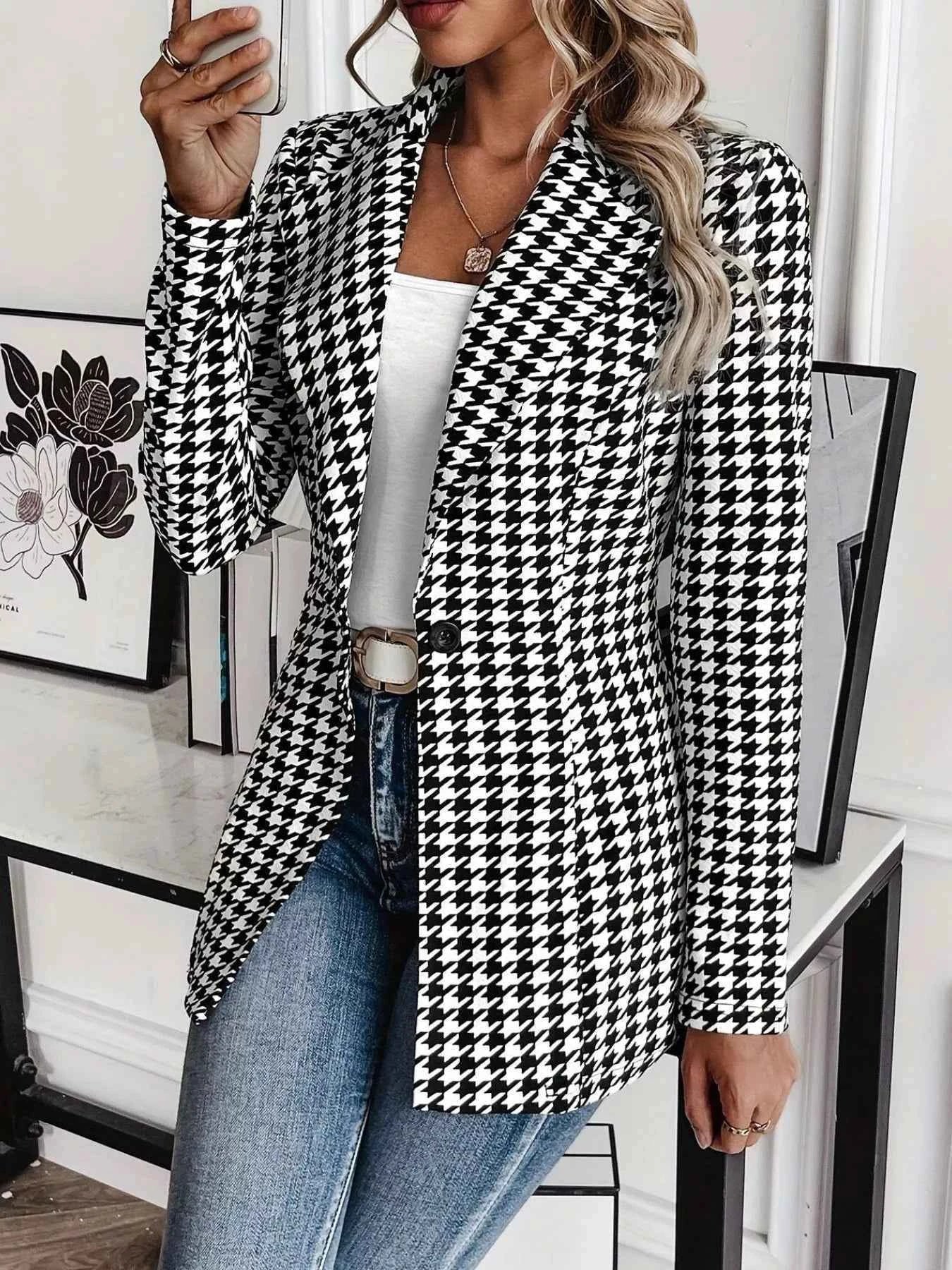 Houndstooth Print Blazer with Stylish Lapel Collar - Nico`s Store