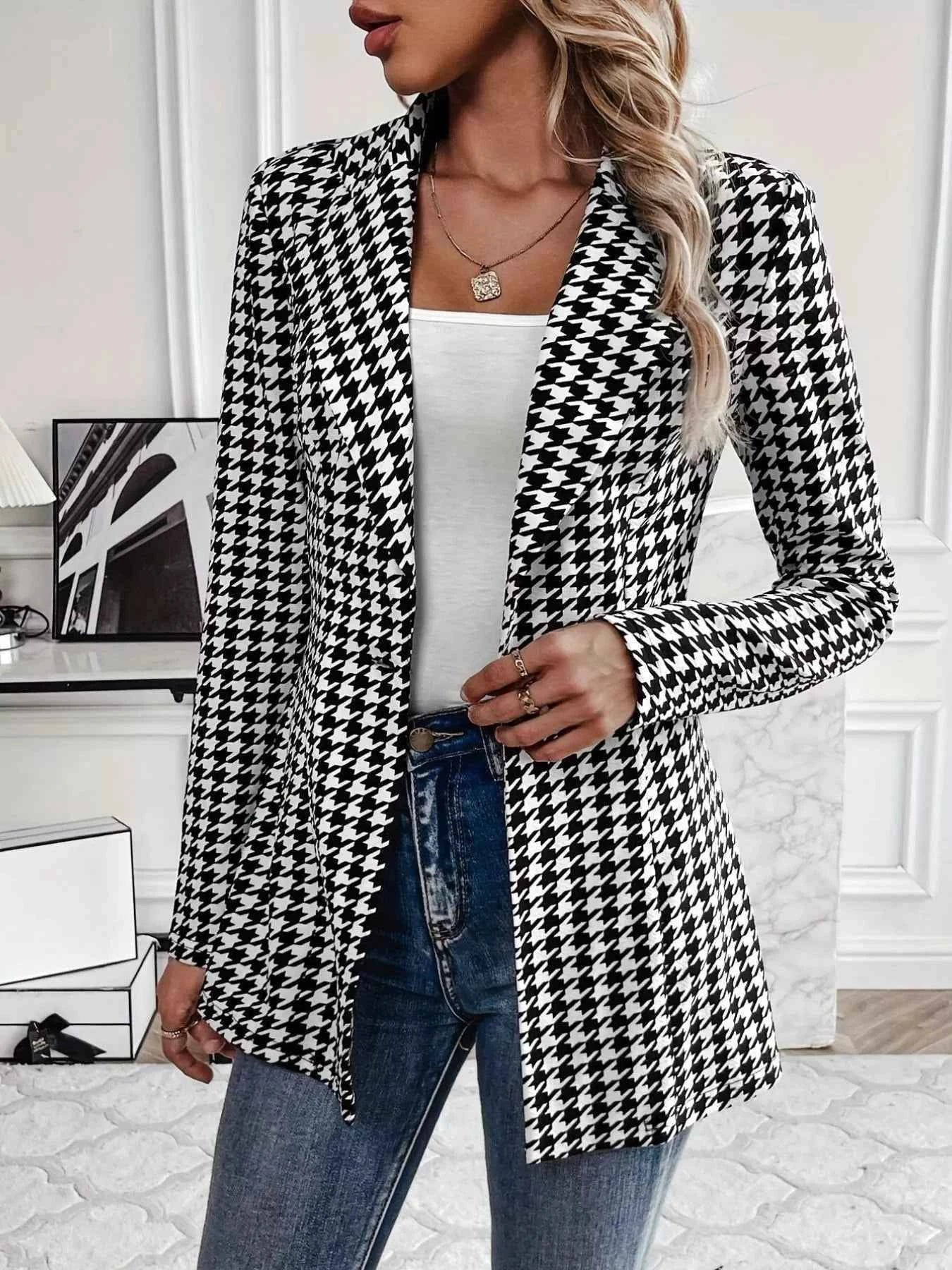 Houndstooth Print Blazer with Stylish Lapel Collar - Nico`s Store