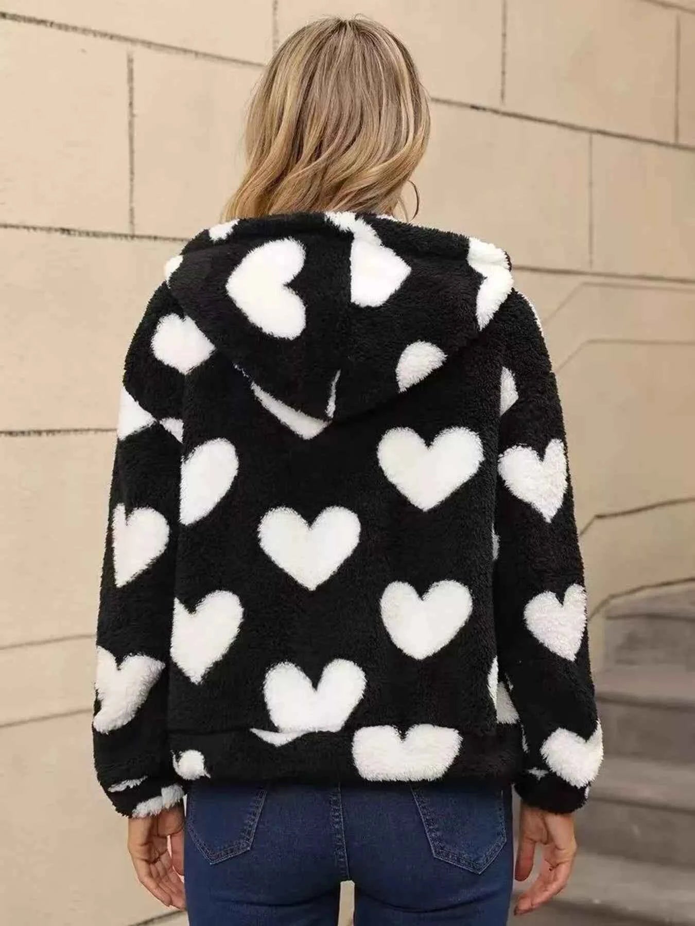 Heart Fuzzy Fleece Jacket Zip-Up Outerwear - Nico`s Store