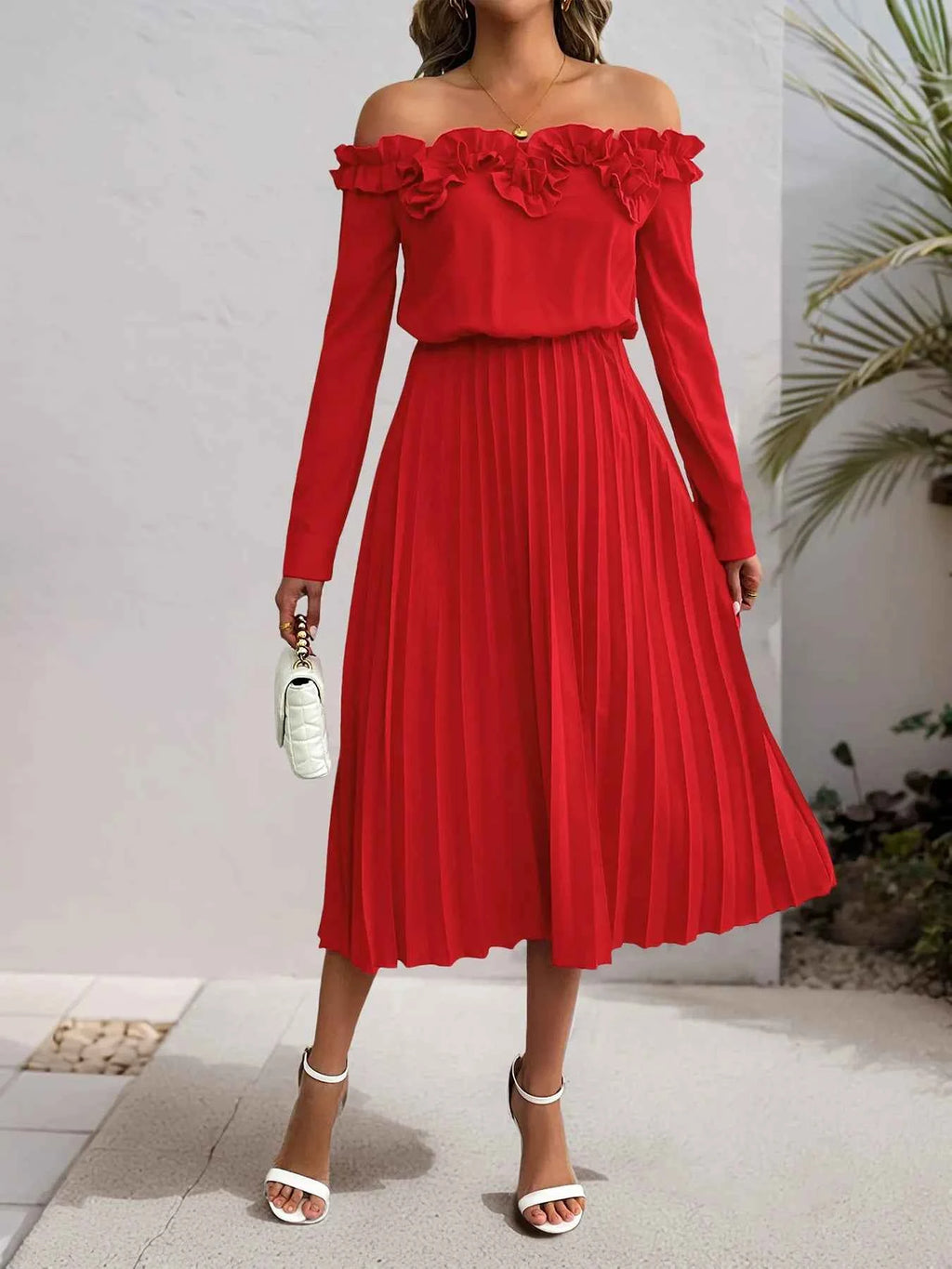 Off-Shoulder Pleated Midi Dress with Ruffle Detail