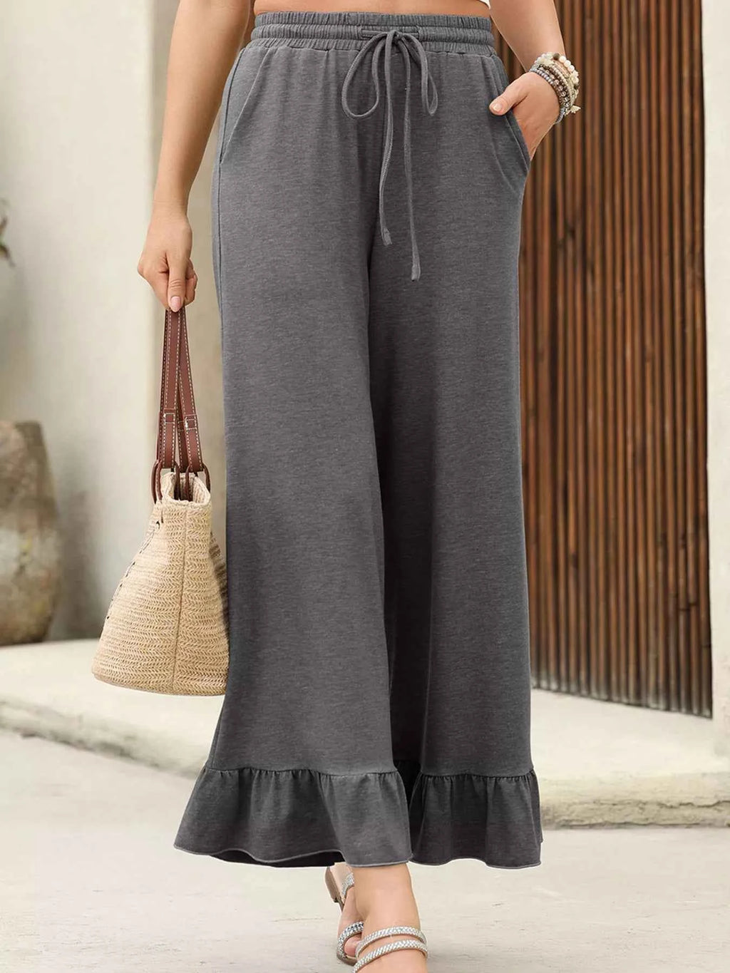 Ruffled Wide Leg High Waist Pants with Pockets for Effortless Style - Nico`s Store