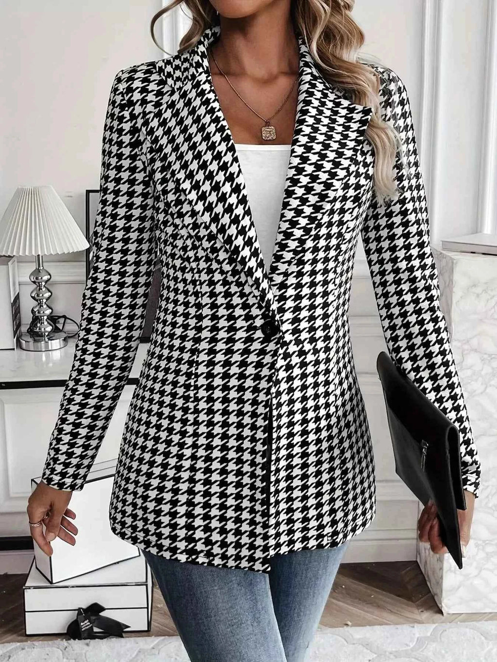 Houndstooth Print Blazer with Stylish Lapel Collar - Nico`s Store