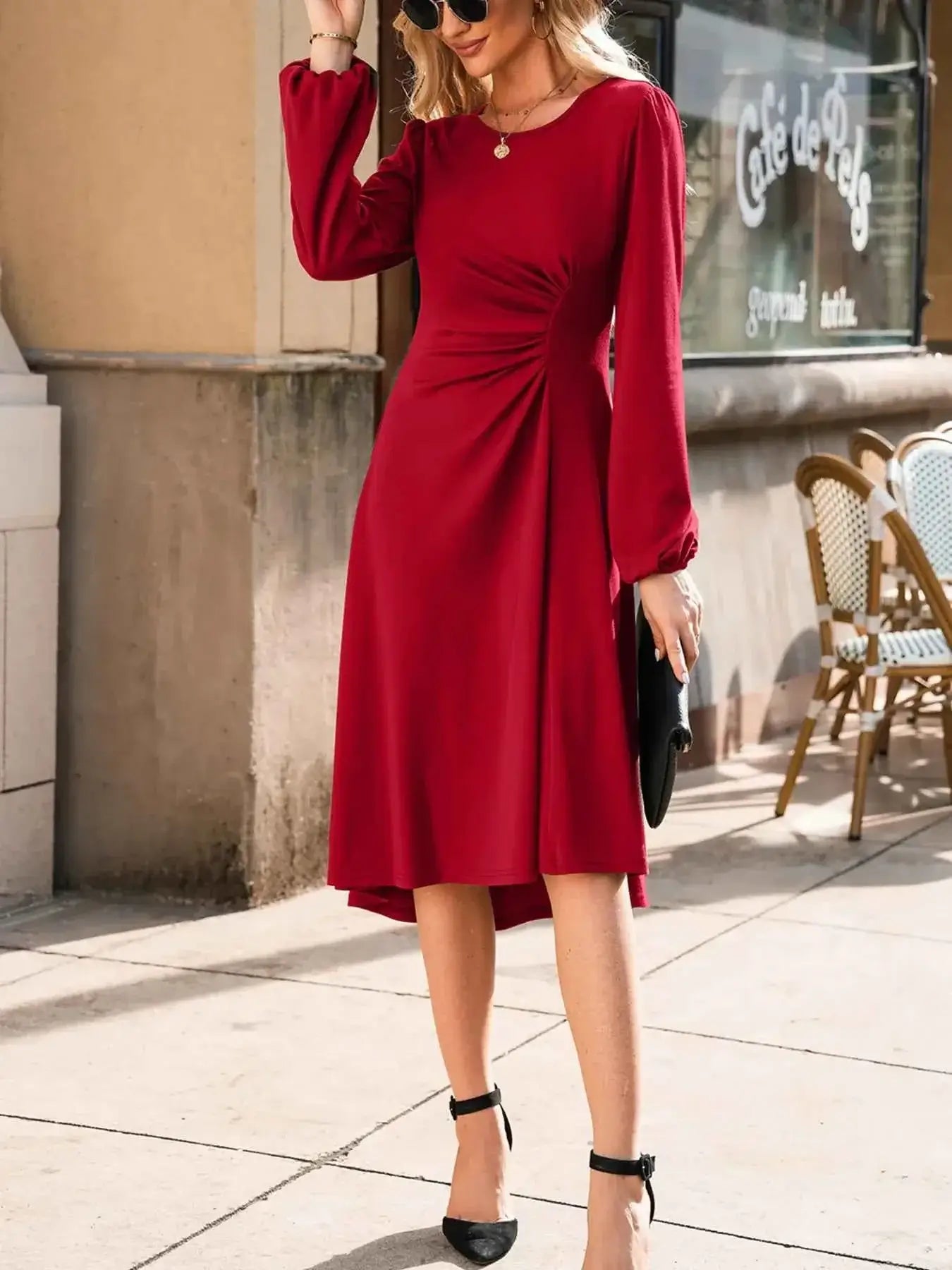 Solid Color Midi Dress with Ruched Detail and Long Sleeves for Effortless Style - Nico`s Store
