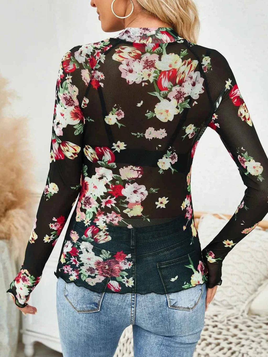 Floral Mock Neck Top - Long Sleeve Style - Nico`s Store