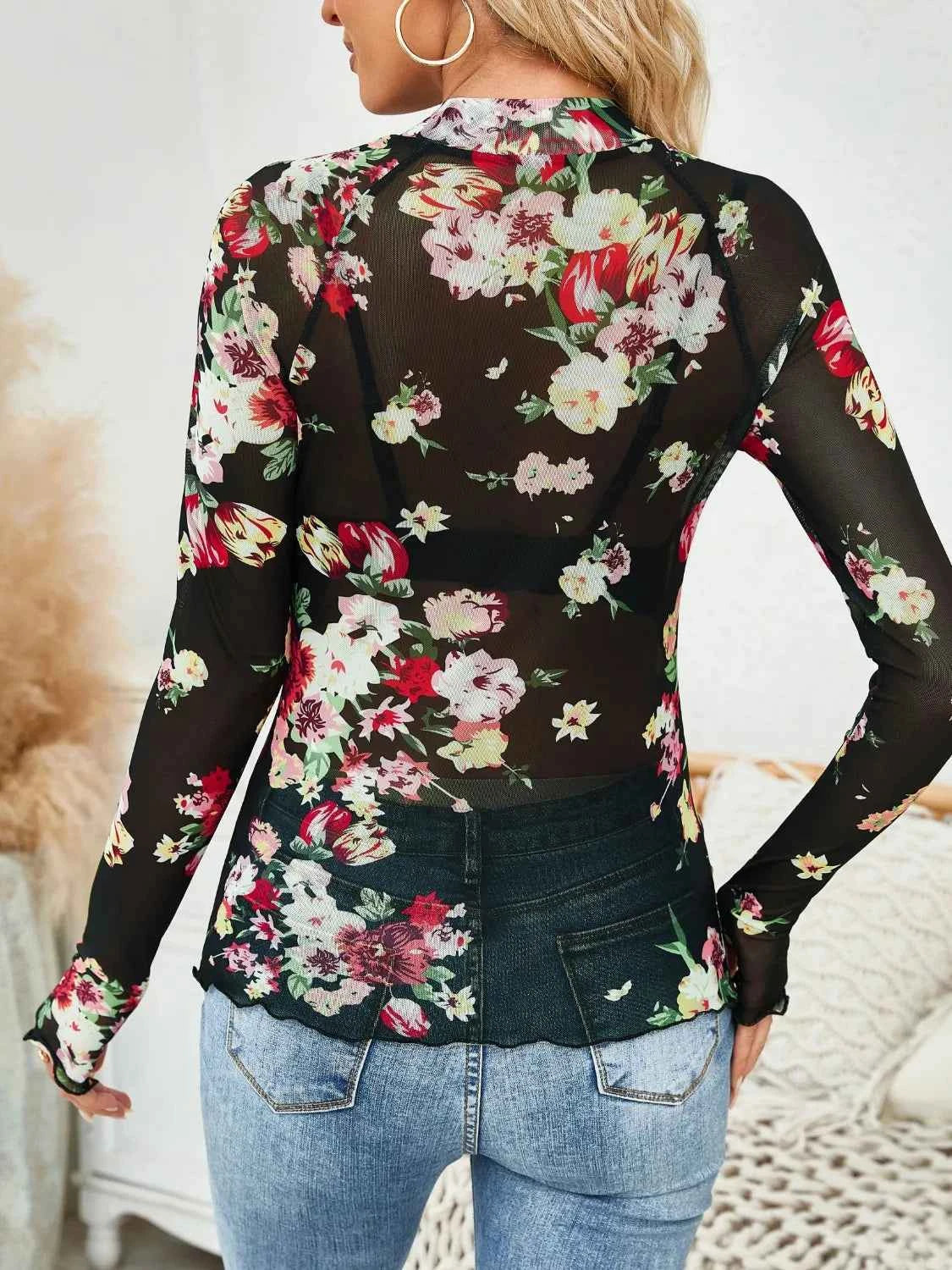 Floral Mock Neck Top - Long Sleeve Style - Nico`s Store