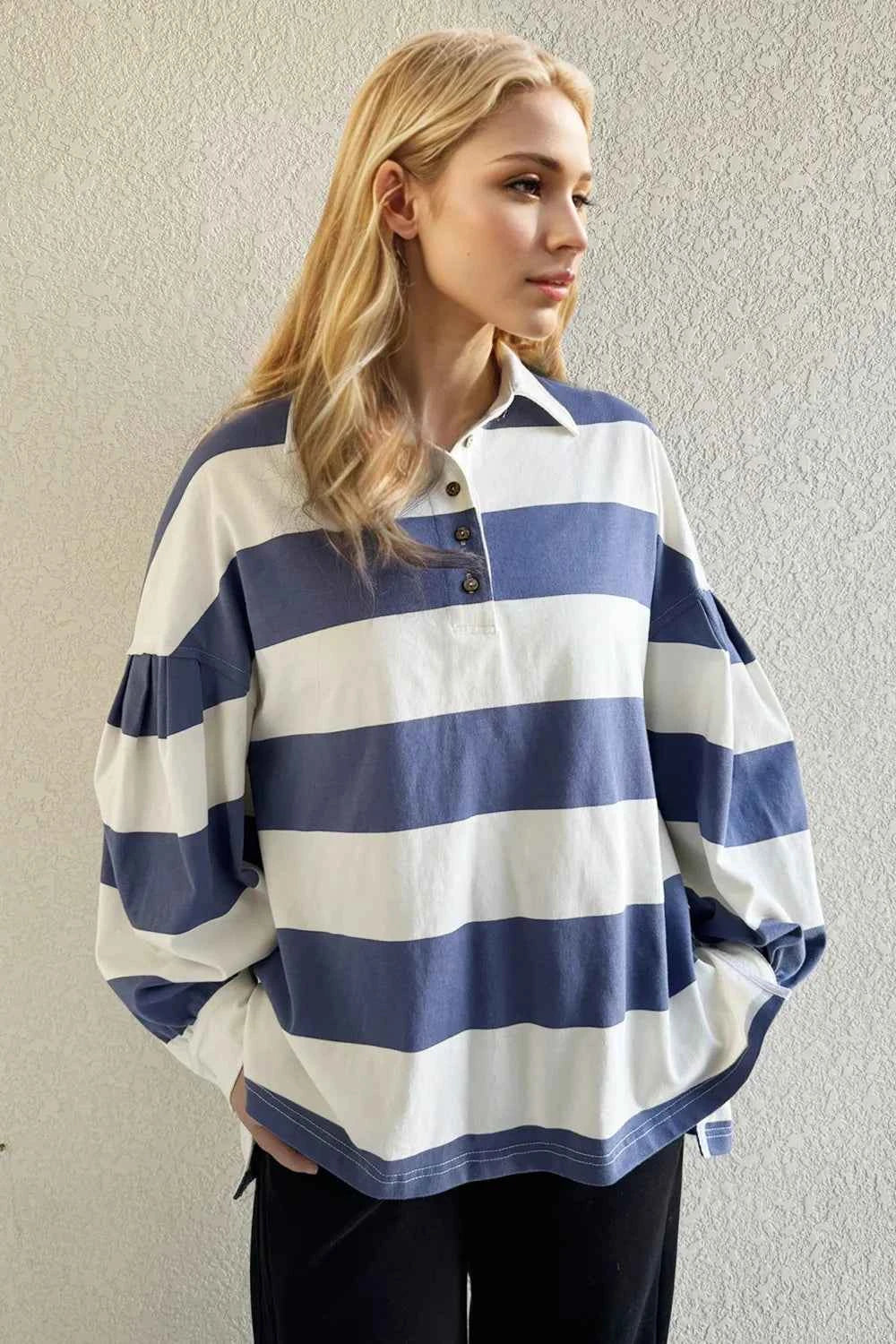 Cotton Striped Long Sleeve Top with Collared Neck - Nico`s Store