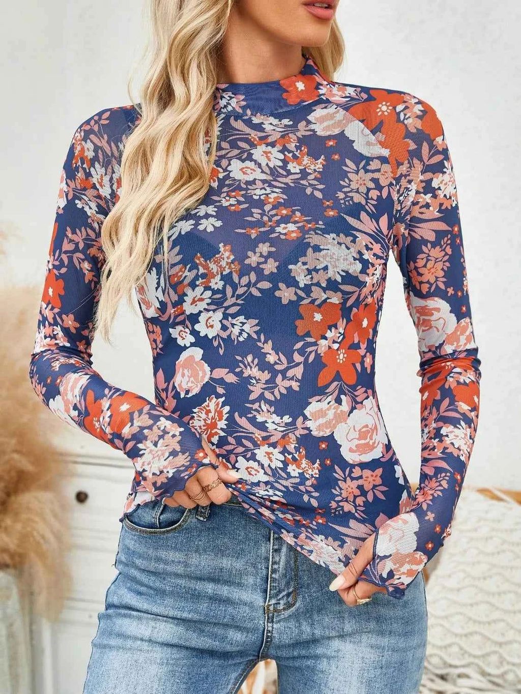 Floral Mock Neck Top - Long Sleeve Style - Nico`s Store