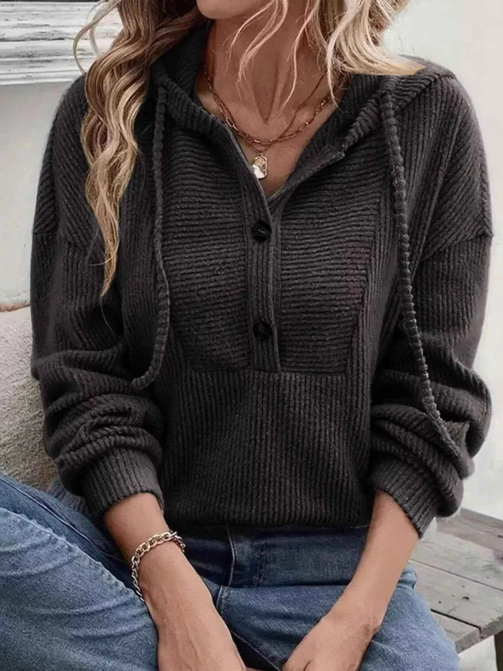 Button-Front Drawstring Hoodie