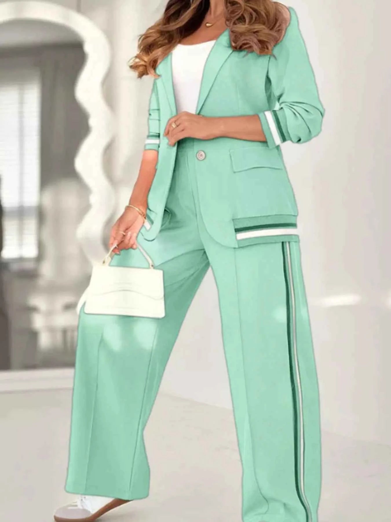 Full Size Striped Trim Jacket and Pants -Modern Edge Jacket - Nico`s Store