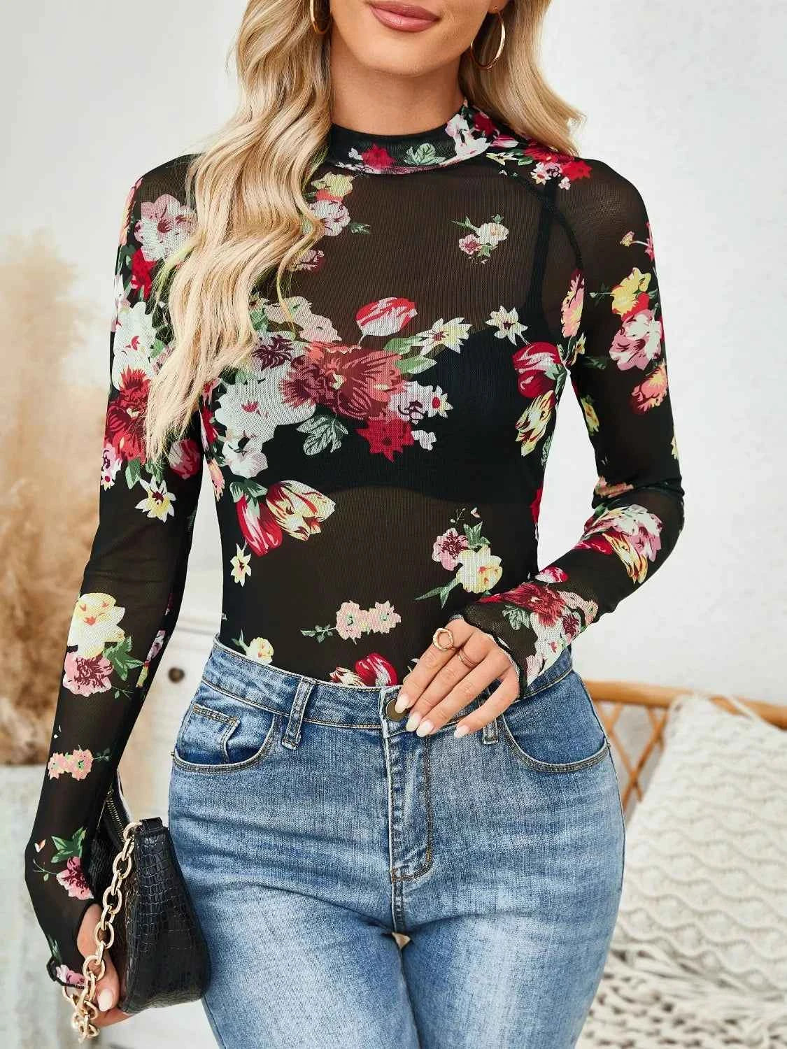 Floral Mock Neck Top - Long Sleeve Style - Nico`s Store