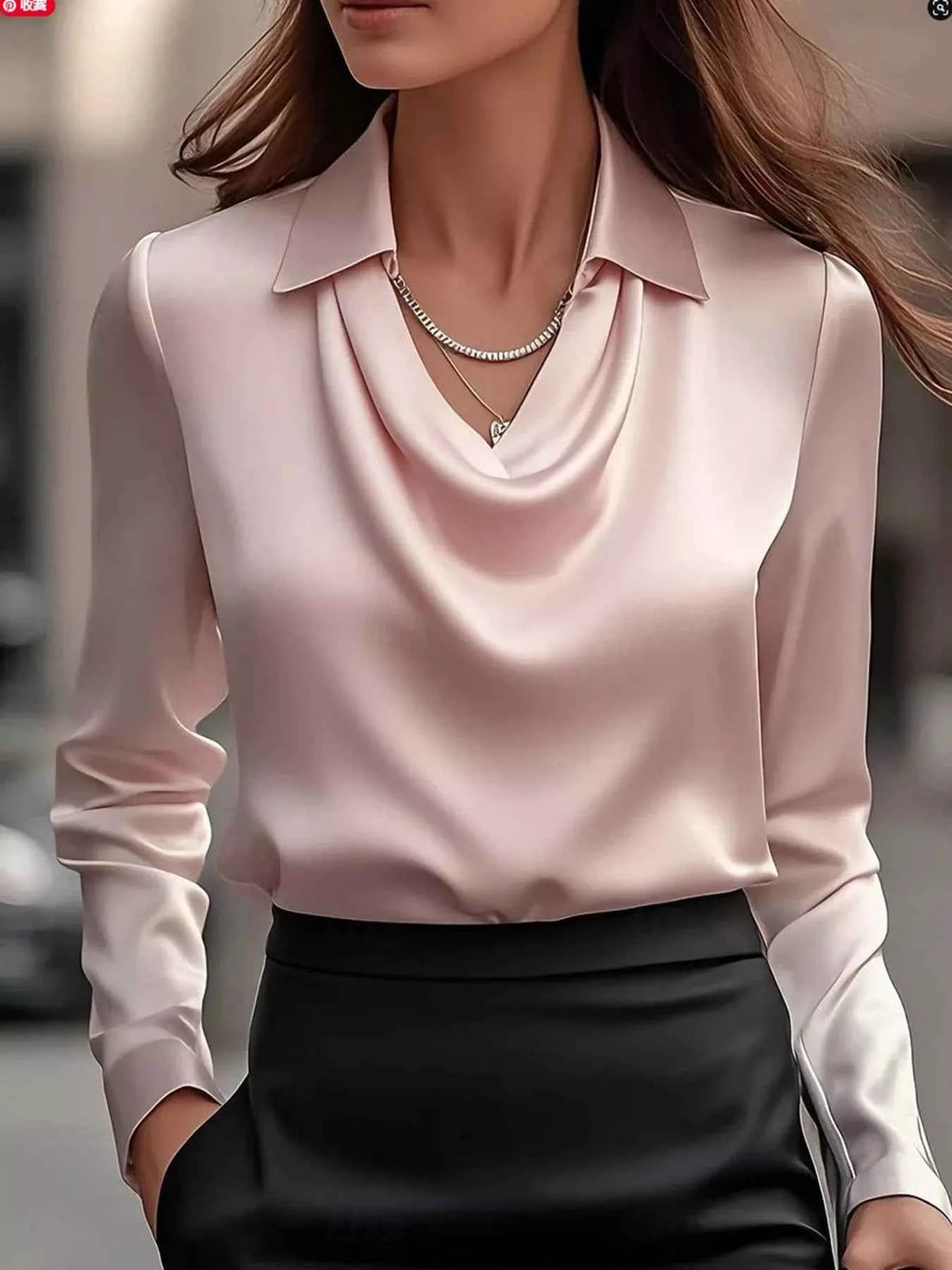 Ruched Long Sleeve Blouse with Drape Collar - Nico`s Store