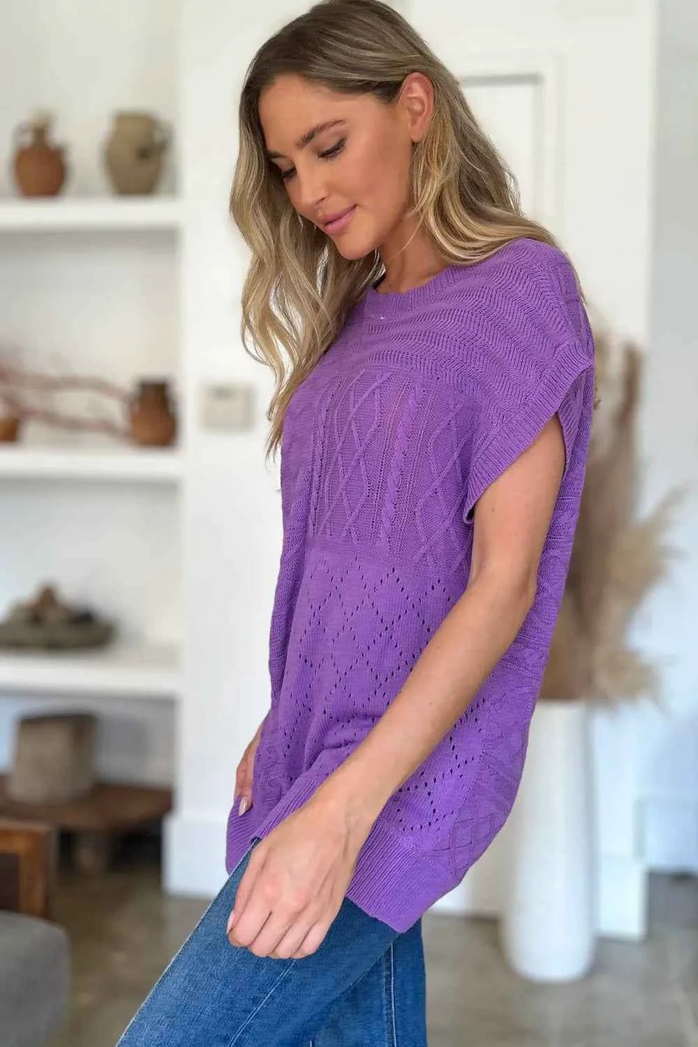 Cable-Knit Cap Sleeve Sweater full size - Nico`s Store