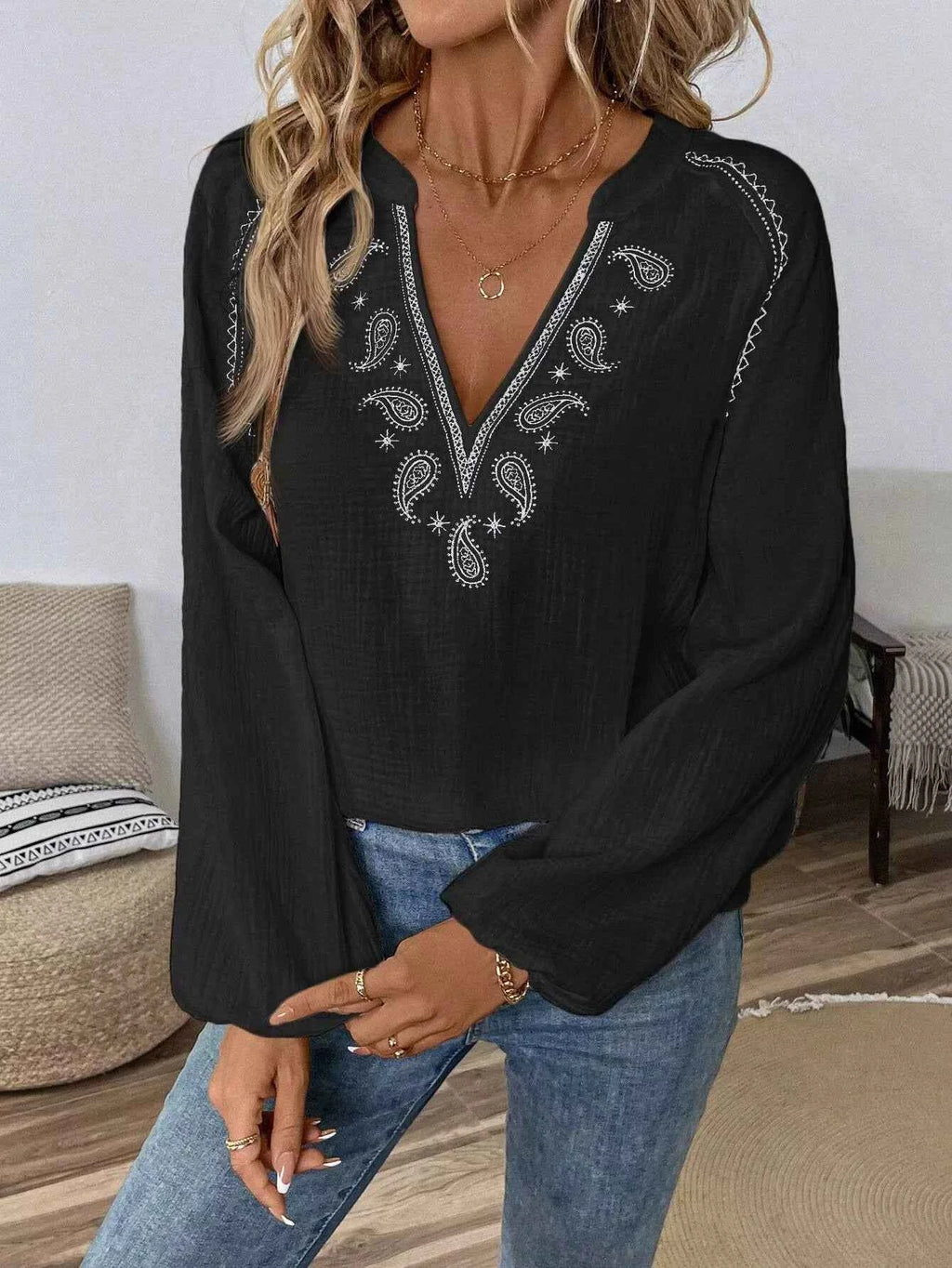 Paisley Balloon Sleeve Blouse with Notched Design