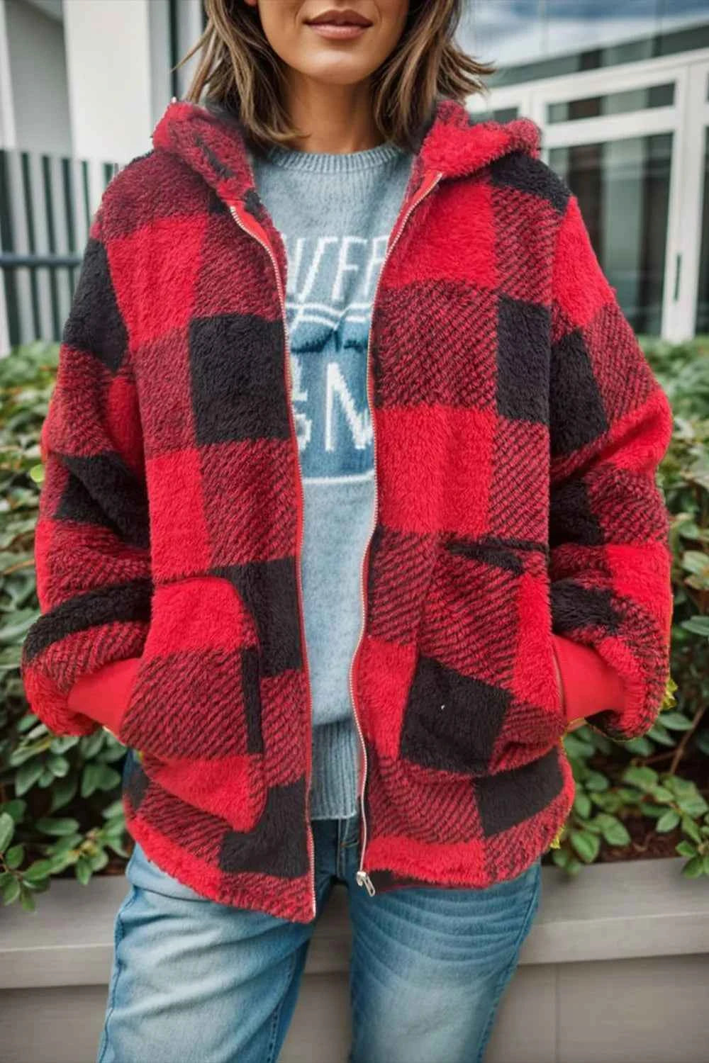 Double Take Full Size Plaid Hooded Coat - Nico`s Store