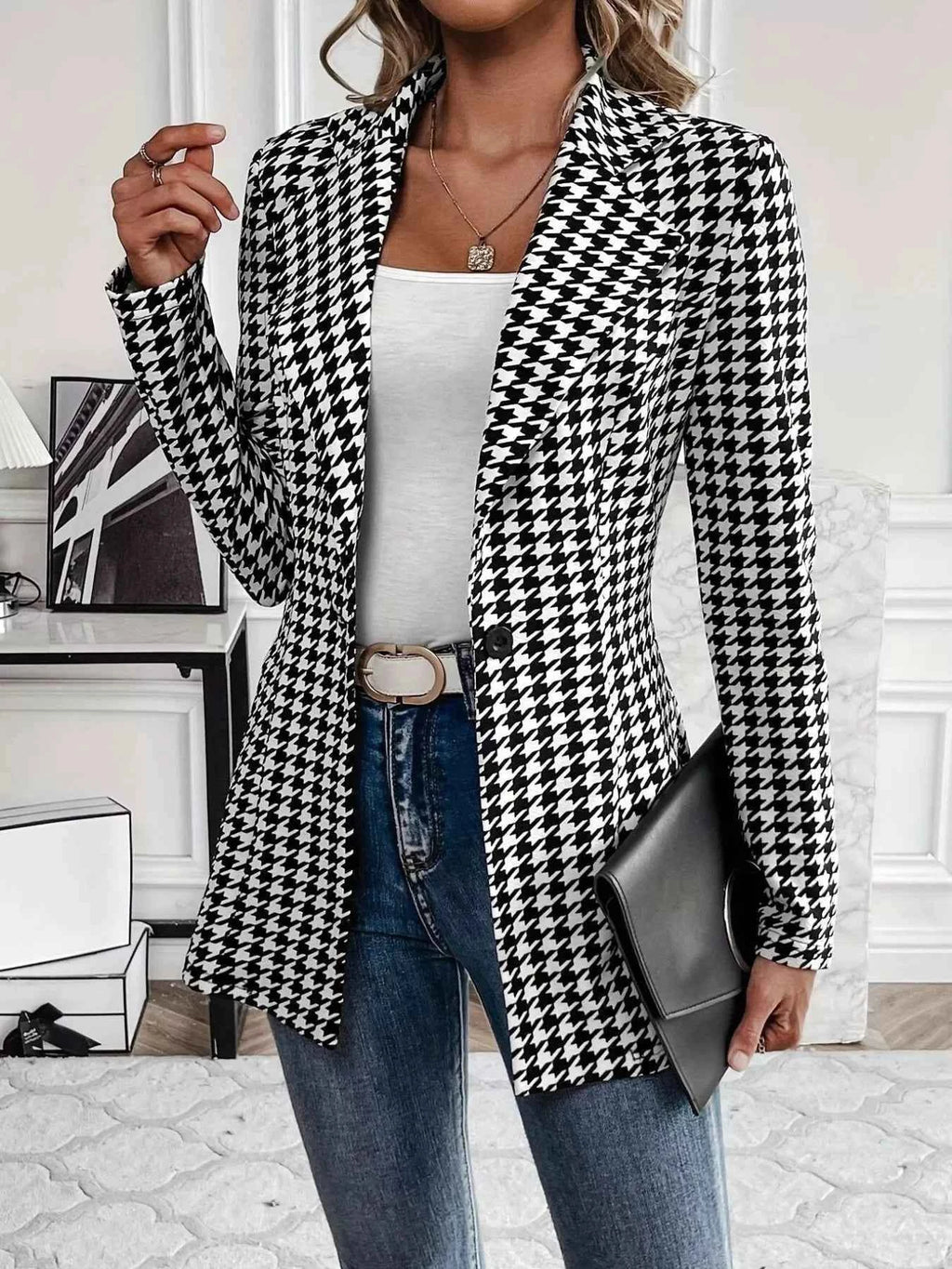 Houndstooth Print Blazer with Stylish Lapel Collar - Nico`s Store