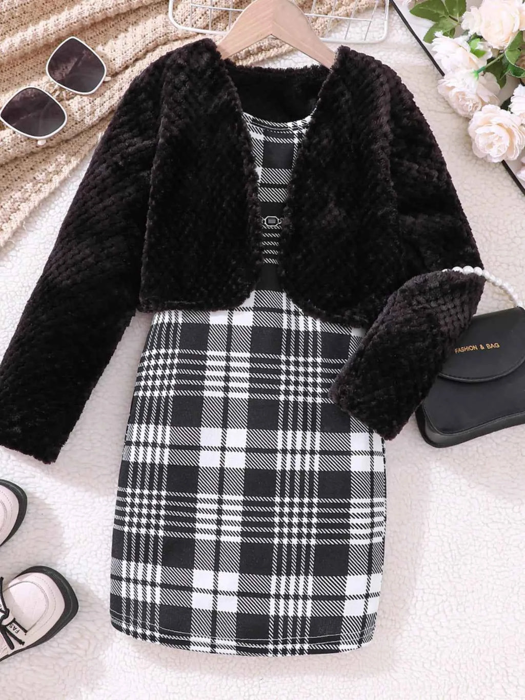 Children's Fuzzy Cardigan Dress Set with Plaid Dress - Nico`s Store