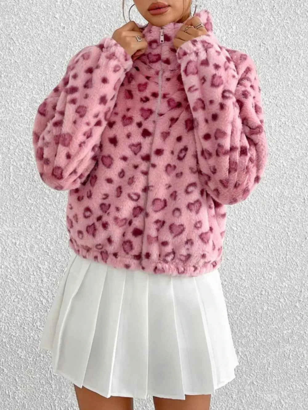 Leopard Furry Jacket with Zip Up Long Sleeves - Nico`s Store