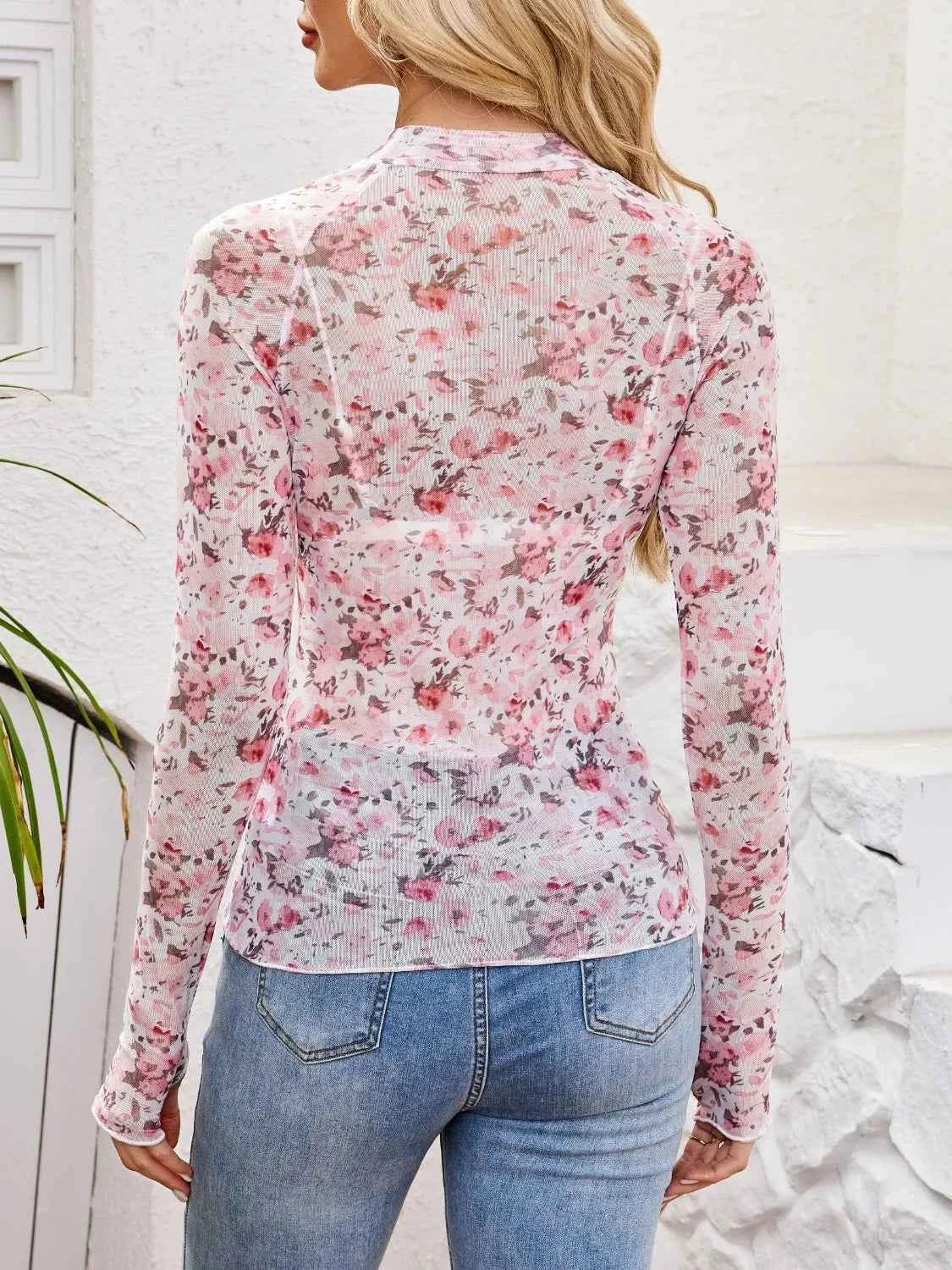 Floral Mock Neck Top - Long Sleeve Style - Nico`s Store