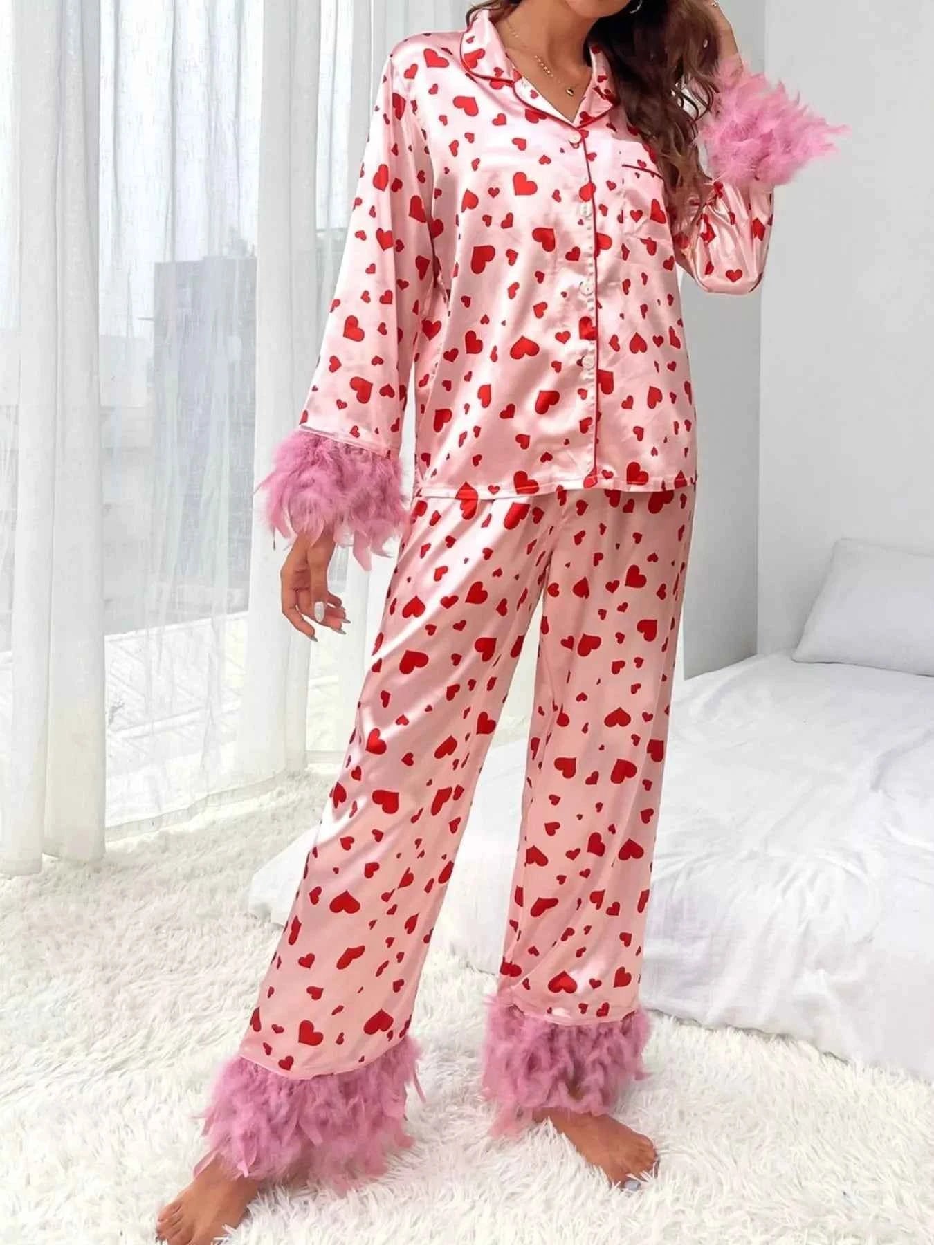 Heart Print Lounge Set - Button Up Top and Pants - Nico`s Store