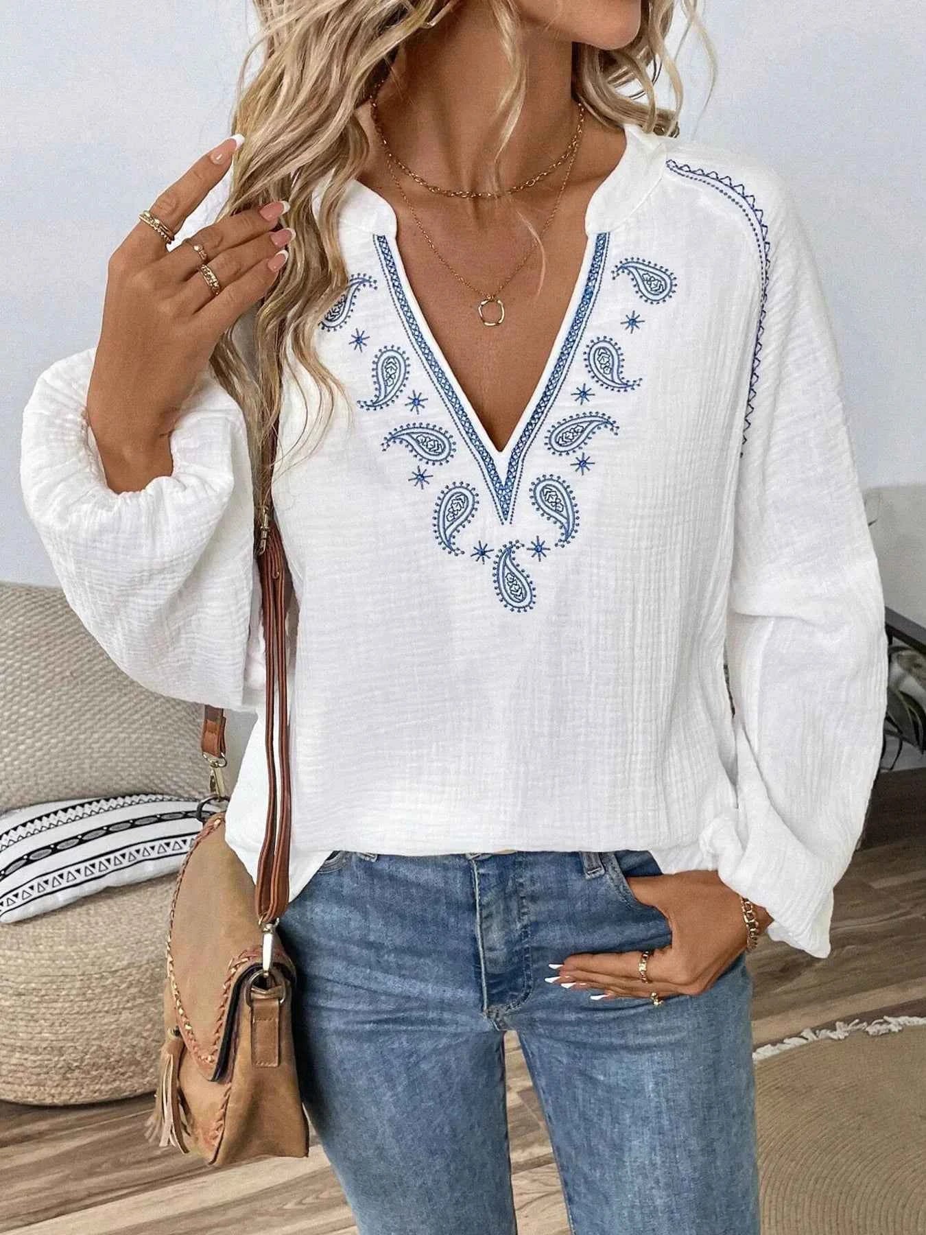 Paisley Pattern Blouse with Notched Long Sleeves for Effortless Style - Nico`s Store