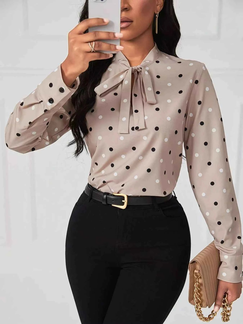Quality Polka Dot Tie Neck Blouse - Nico`s Store