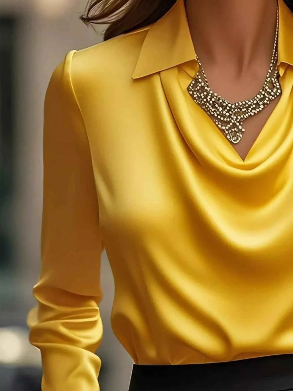 Ruched Long Sleeve Blouse with Drape Collar - Nico`s Store