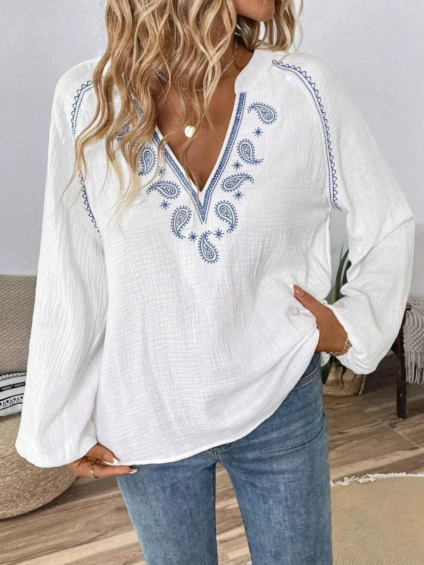 Paisley Pattern Blouse with Notched Long Sleeves for Effortless Style - Nico`s Store