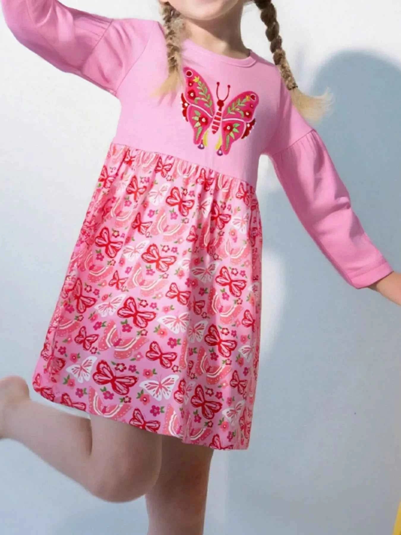 Children's Butterfly Dress - Long Sleeve Casual Dress for Girls