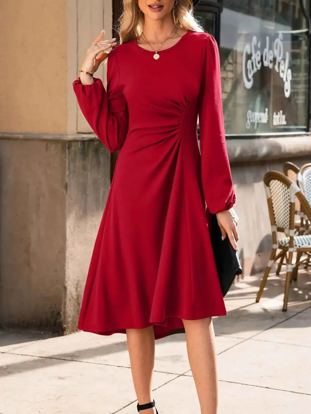 Solid Color Midi Dress with Ruched Detail and Long Sleeves for Effortless Style - Nico`s Store