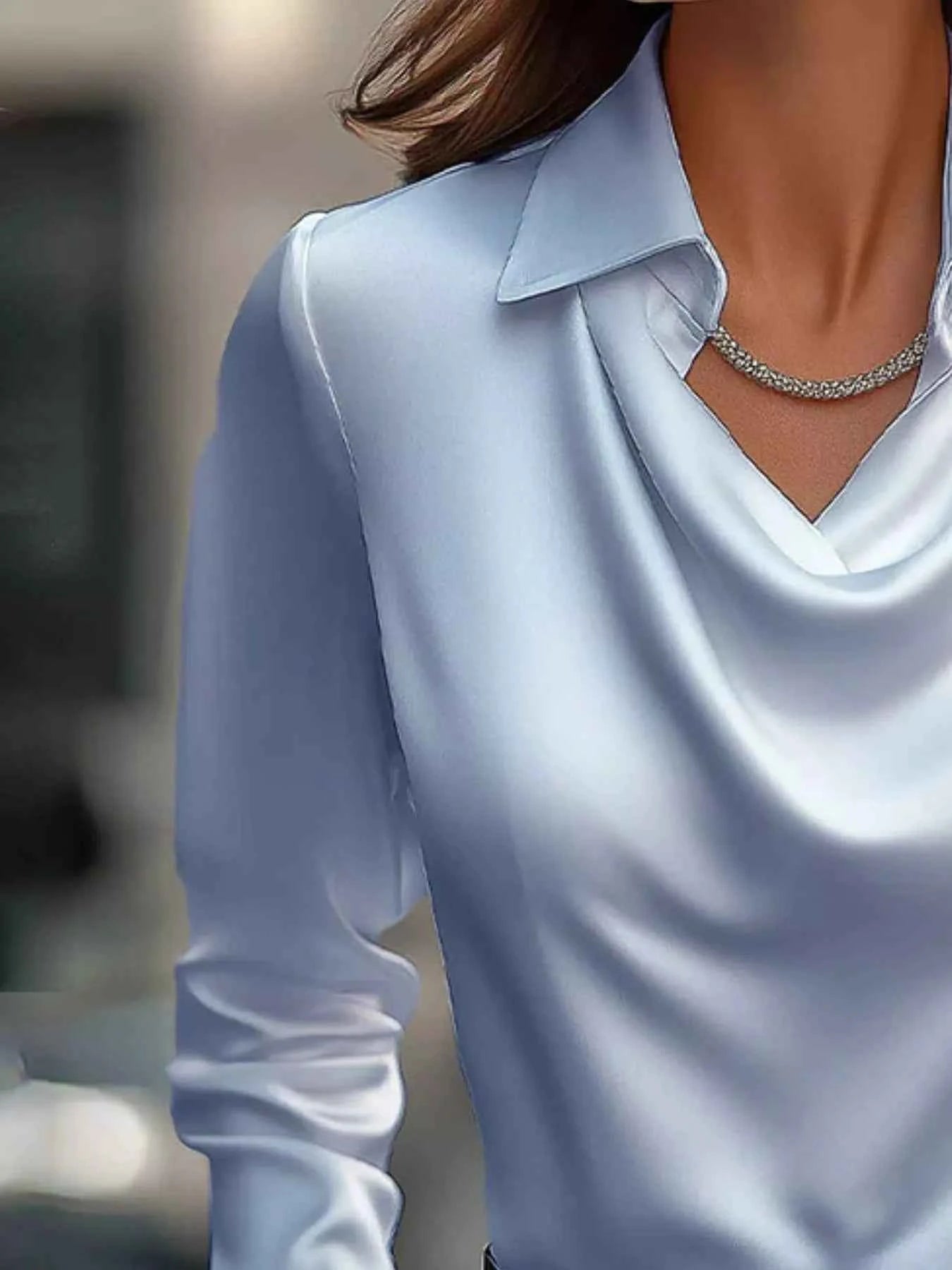 Ruched Long Sleeve Blouse with Drape Collar - Nico`s Store