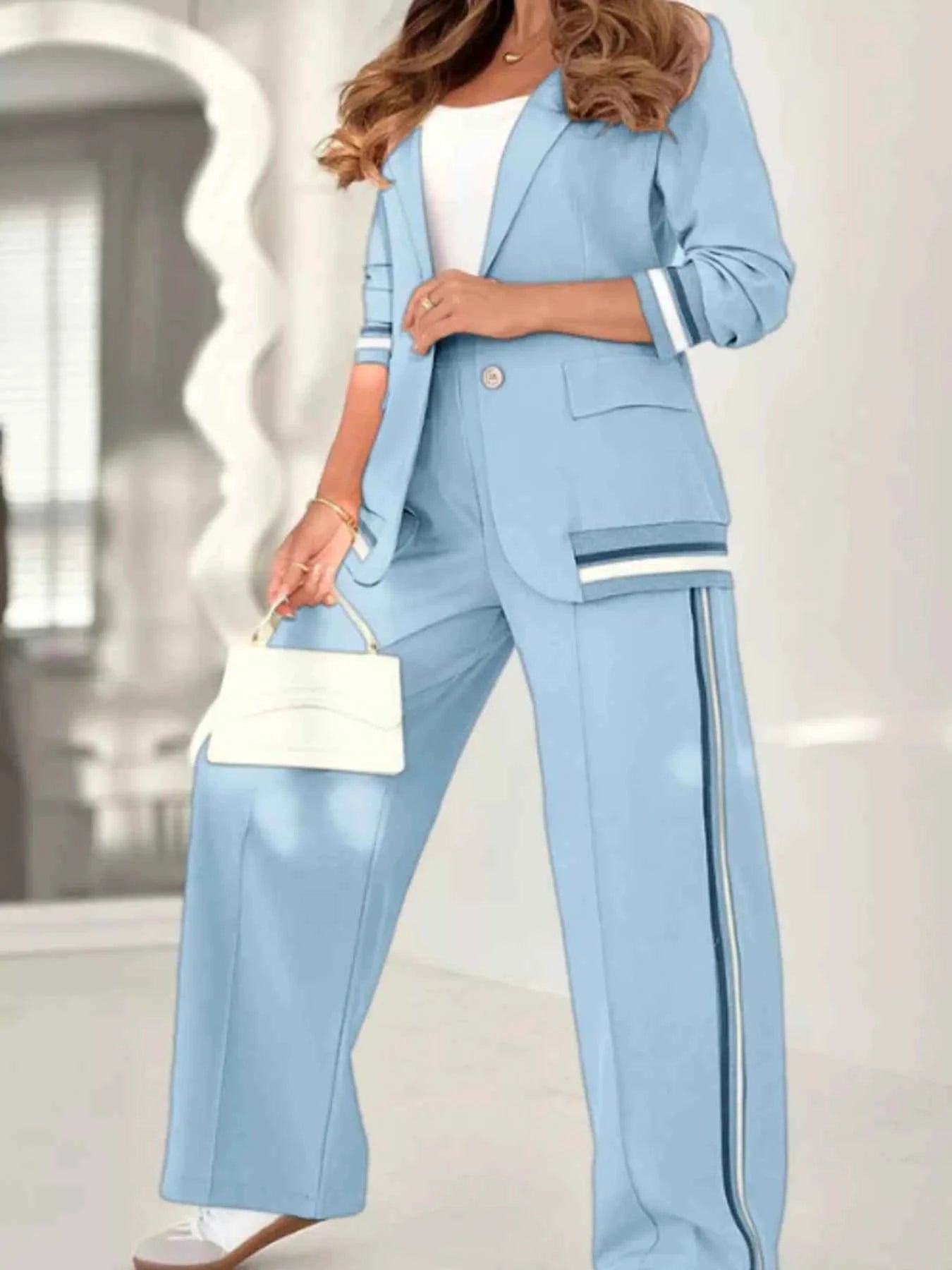 Full Size Striped Trim Jacket and Pants -Modern Edge Jacket - Nico`s Store