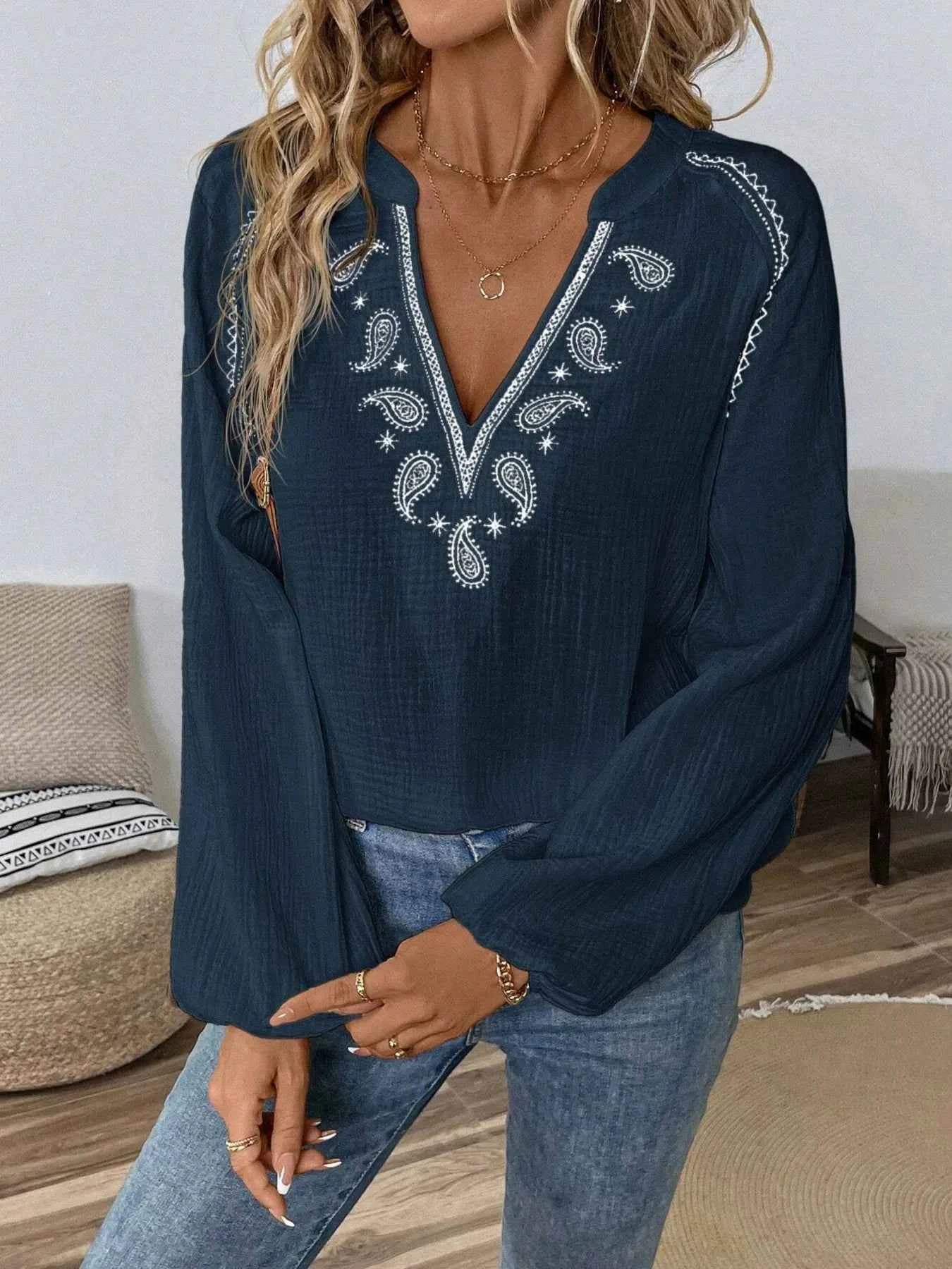 Paisley Pattern Blouse with Notched Long Sleeves for Effortless Style - Nico`s Store