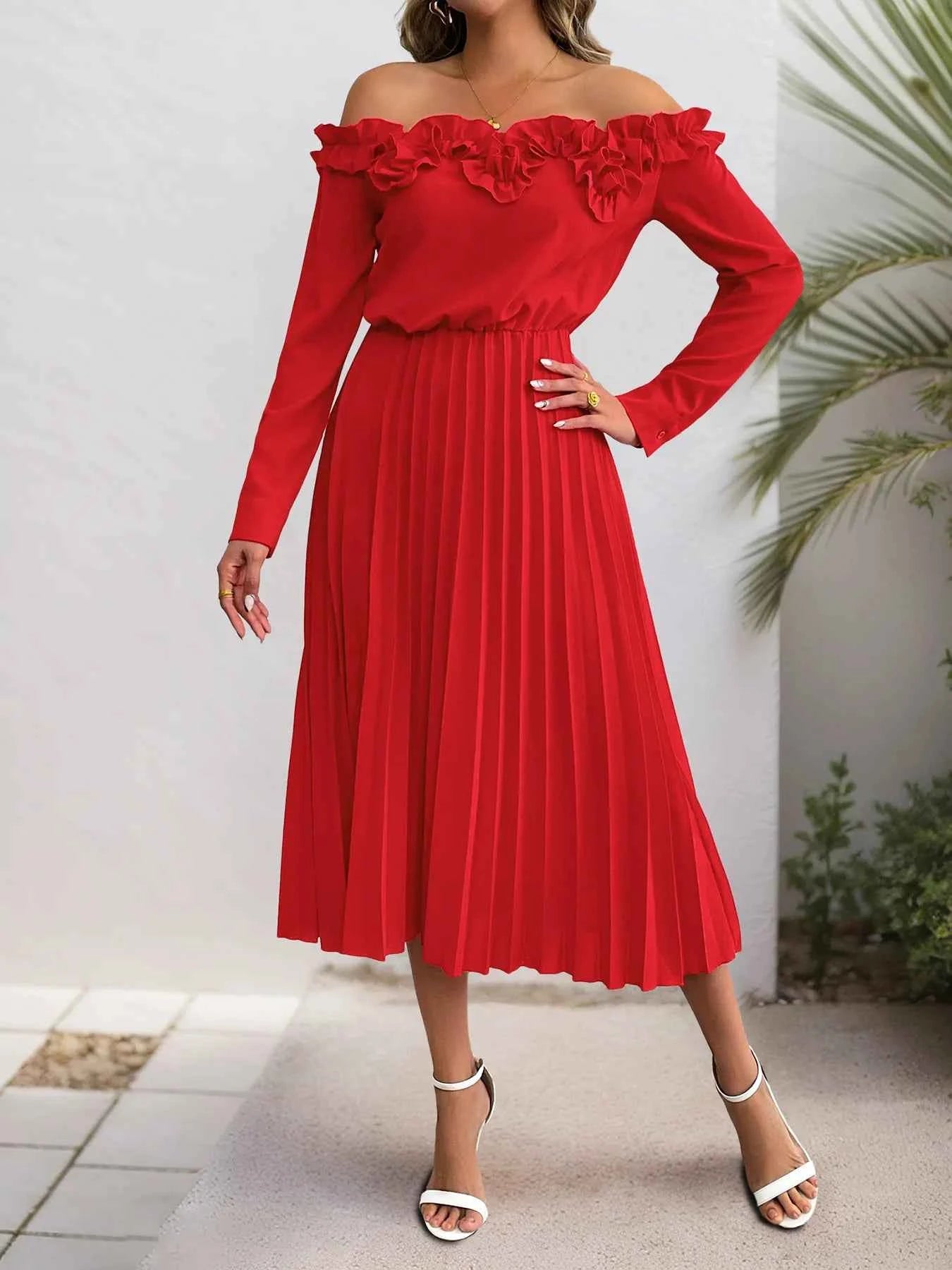 Off-Shoulder Pleated Midi Dress with Ruffle Detail