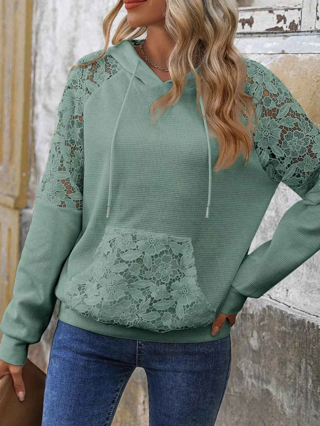 Lace Detail Long Sleeve Hoodie with Drawstring - Nico`s Store