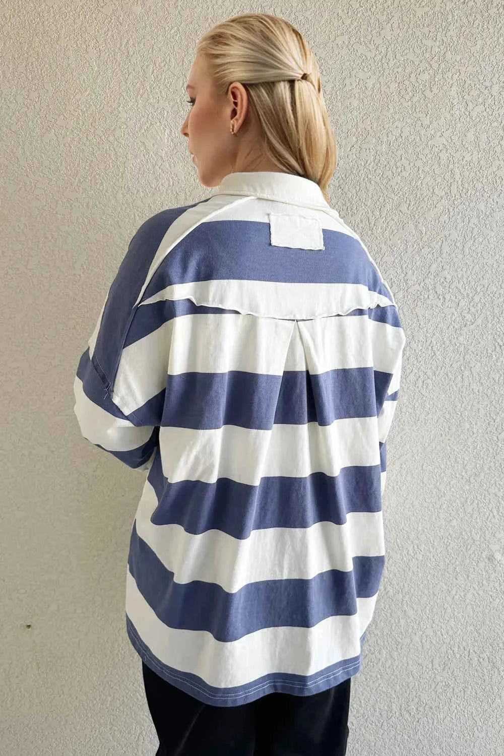 Cotton Striped Long Sleeve Top with Collared Neck - Nico`s Store