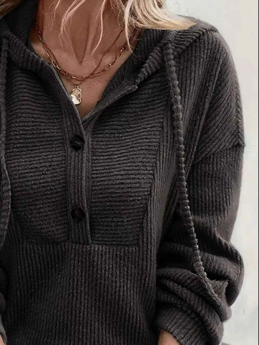 Button-Front Drawstring Hoodie