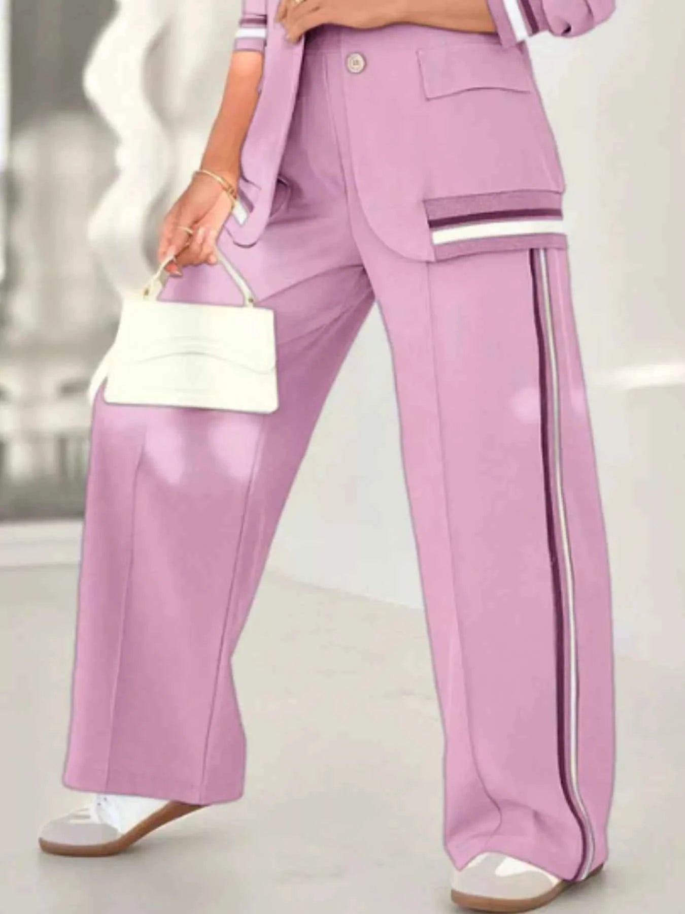 Full Size Striped Trim Jacket and Pants -Modern Edge Jacket - Nico`s Store