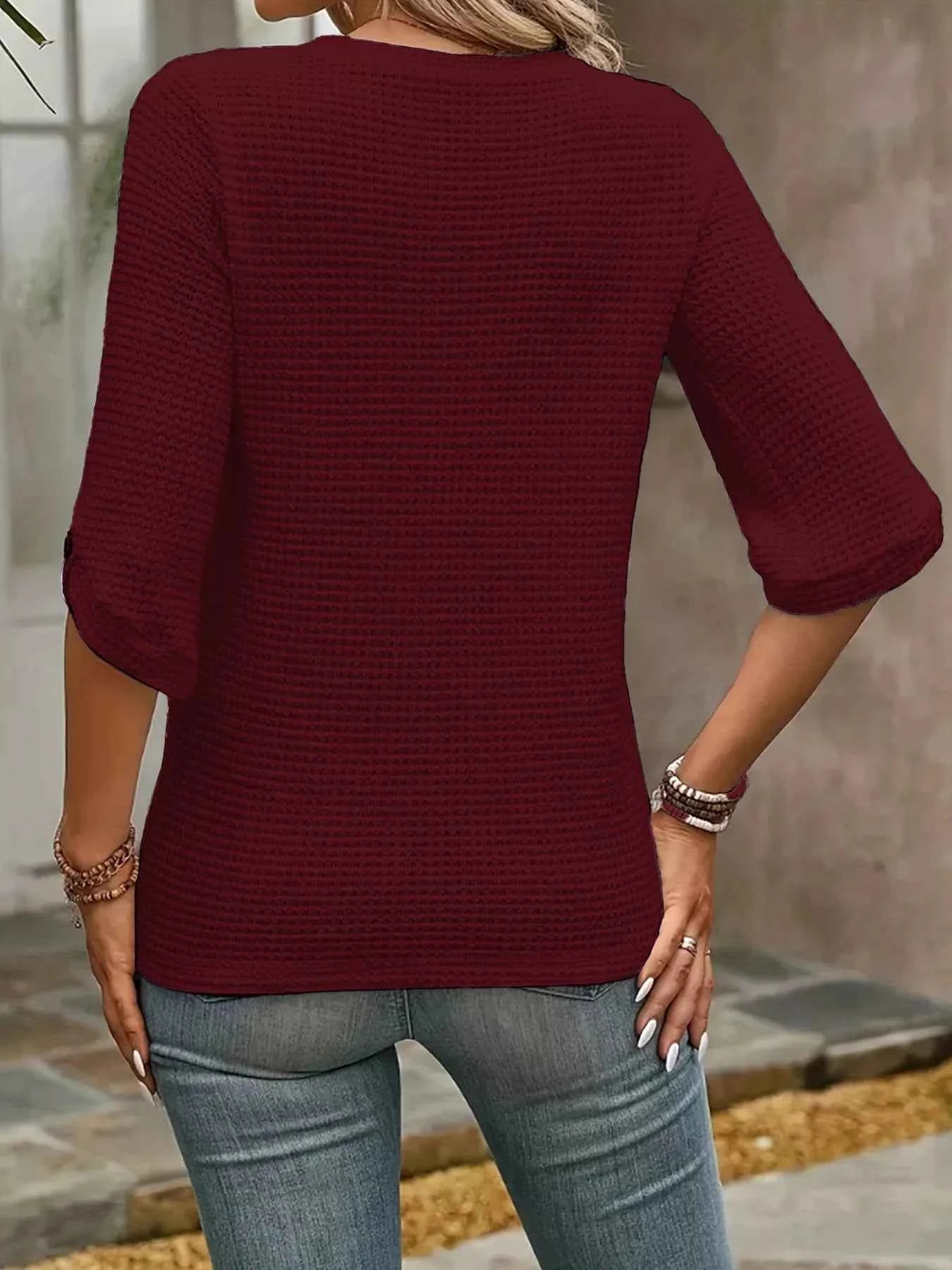 Waffle Knit Round Neck Top for Effortless Comfort - Nico`s Store