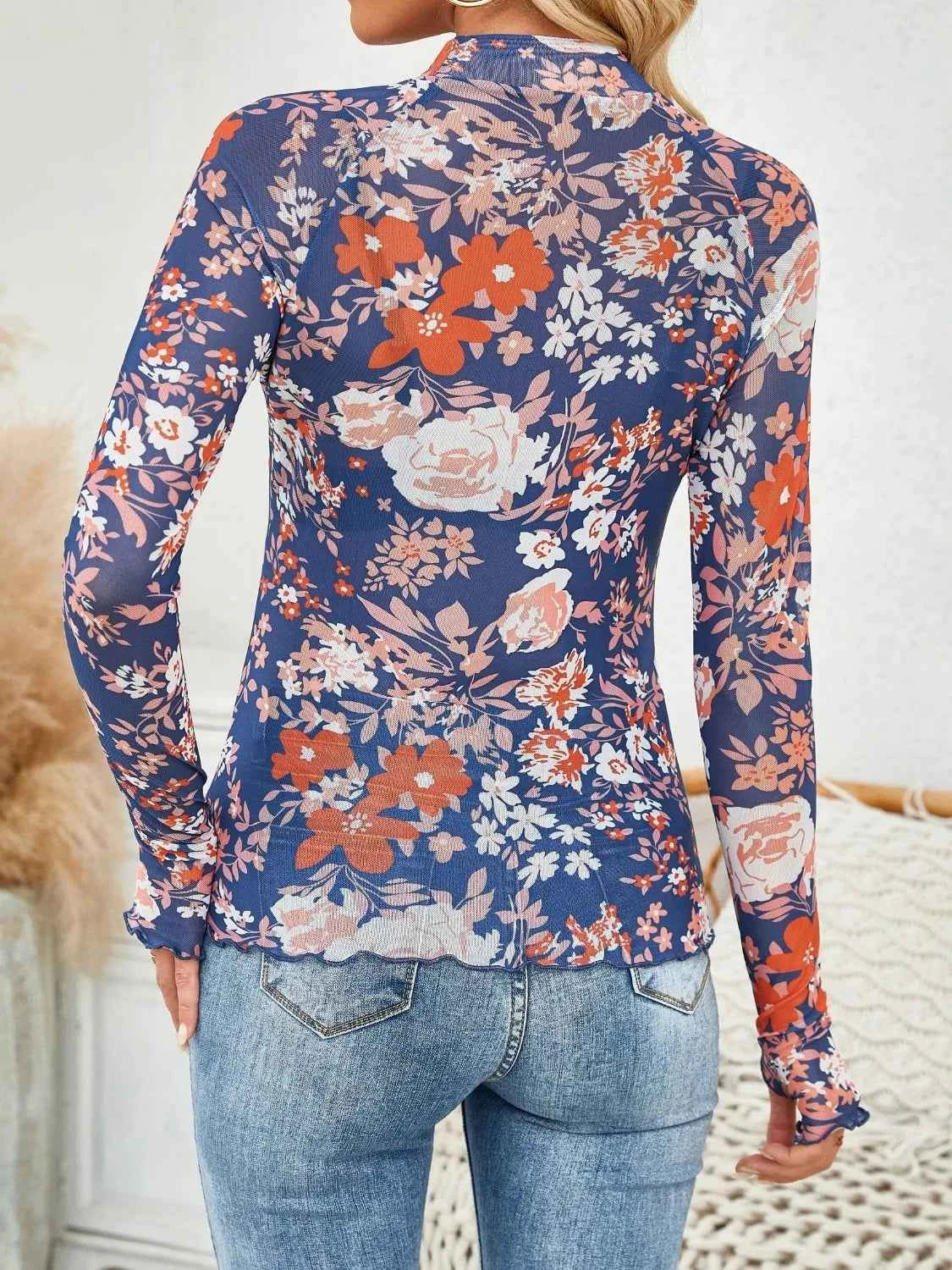 Floral Mock Neck Top - Long Sleeve Style - Nico`s Store