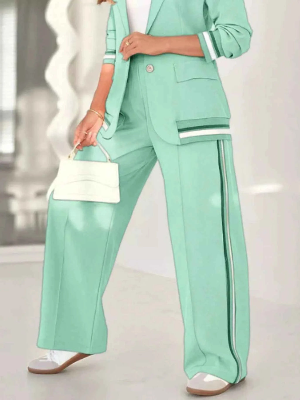 Full Size Striped Trim Jacket and Pants -Modern Edge Jacket - Nico`s Store