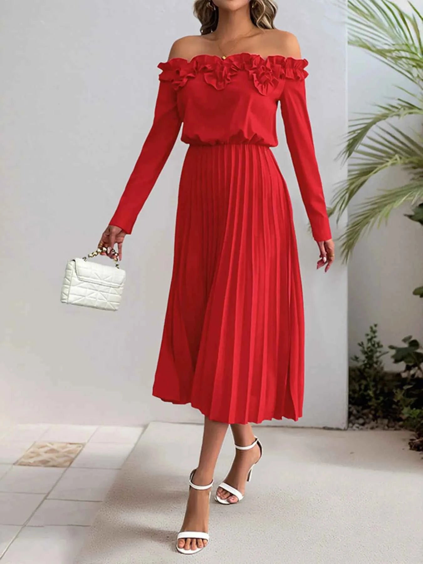 Off-Shoulder Pleated Midi Dress with Ruffle Detail